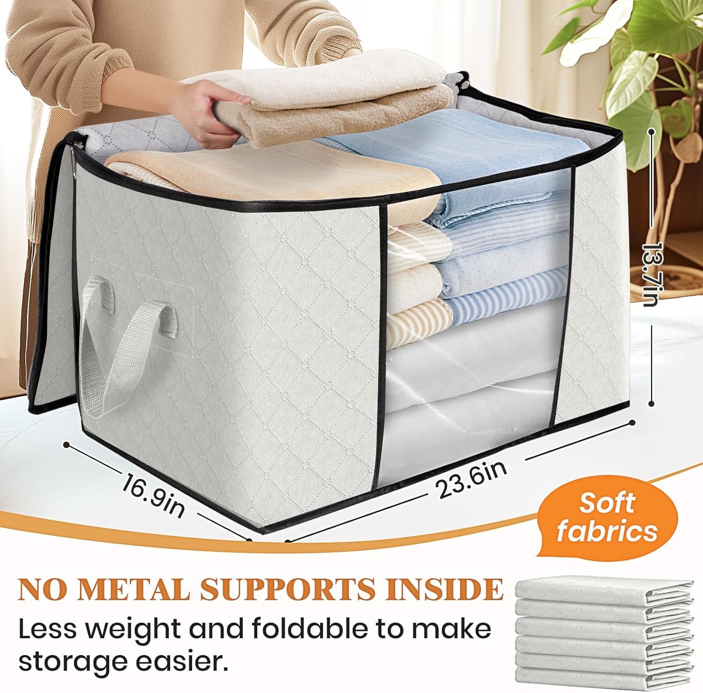 Fab totes 24 Gallons Clothes Storage, Foldable Thick Fabric Blanket Storage Bags, Containers for Organizing Bedroom, Closet, Clothing, Comforter, Organization with Handle (3 Pack,Ivory)