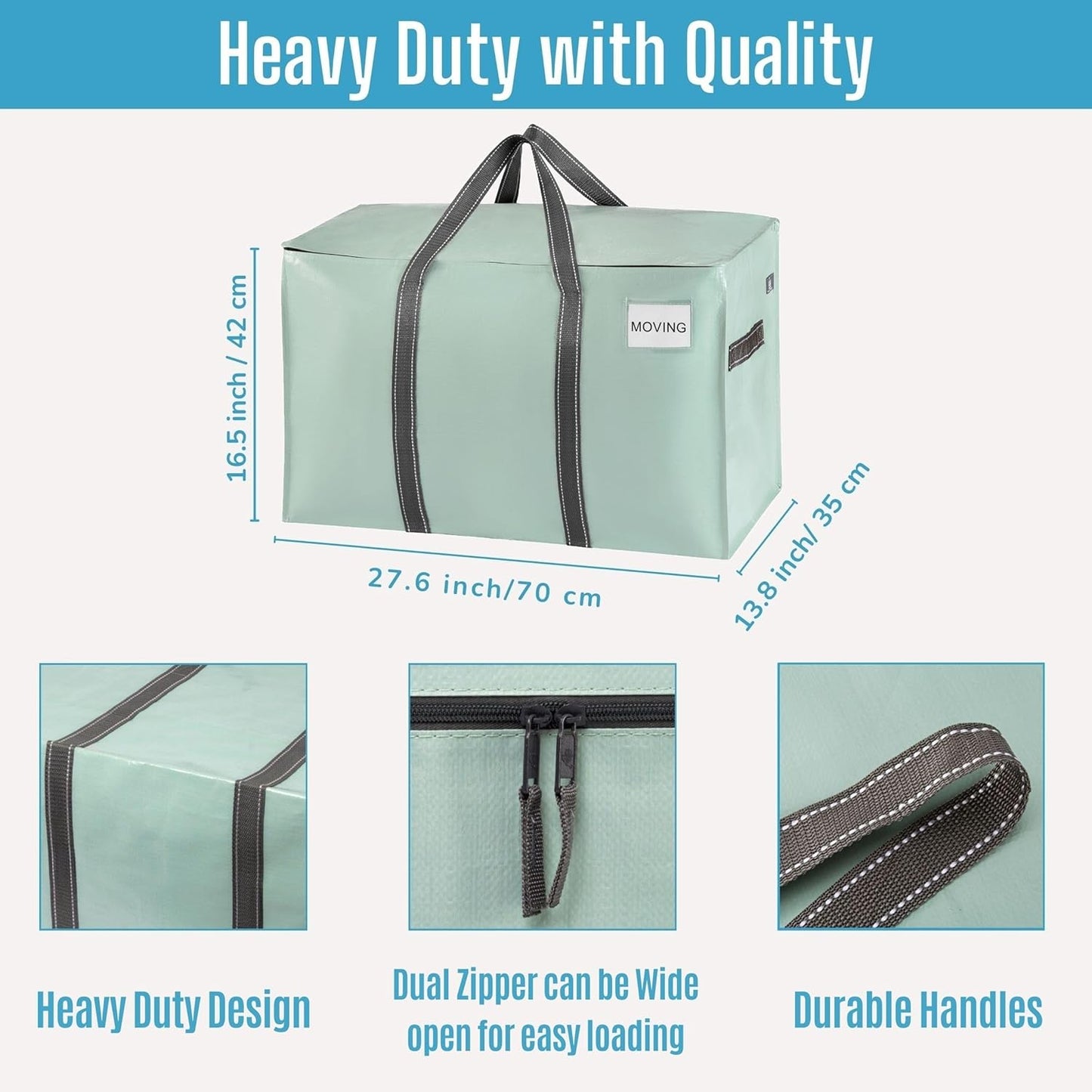 VENO 4 Pack Moving Bags, Heavy Duty, Moving Boxes Alternative, Packing Storage Supplies for Dorm Room Essentials with Zipper for Clothes, Extra Large Totes for Packaging (Shiny Light Green, 4 Pack)