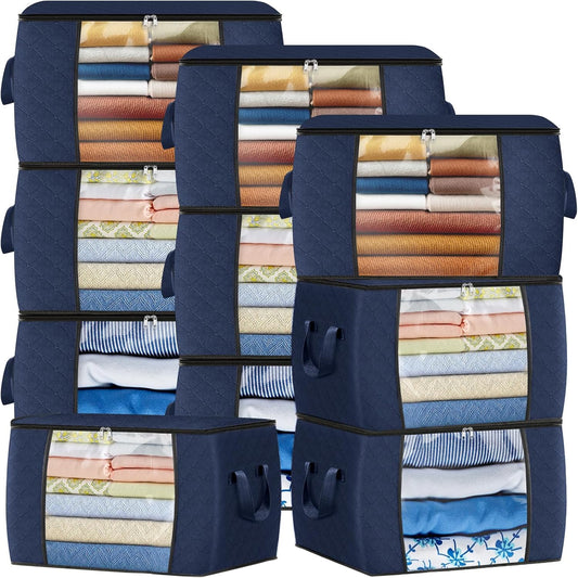 Fab totes 24 Gallons Clothes Storage, Foldable Thick Fabric Blanket Storage Bags, Containers for Organizing Bedroom, Closet, Clothing, Comforter, Organization with Handle (10 Pack,Blue)