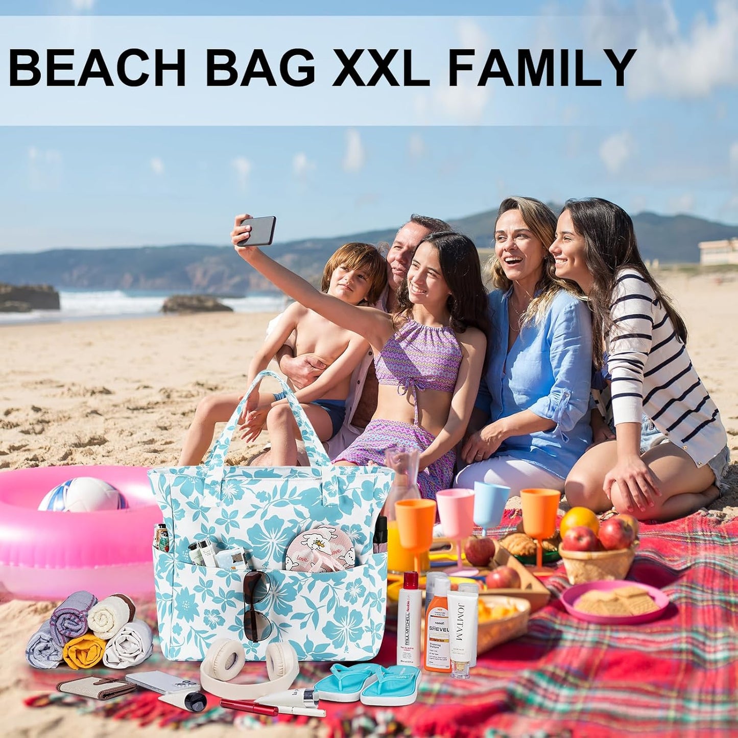 LEDAOU Large Beach Tote Bag Women Waterproof Sandproof Zipper Beach Tote Bag for Pool Gym Grocery Travel with Wet Pocket