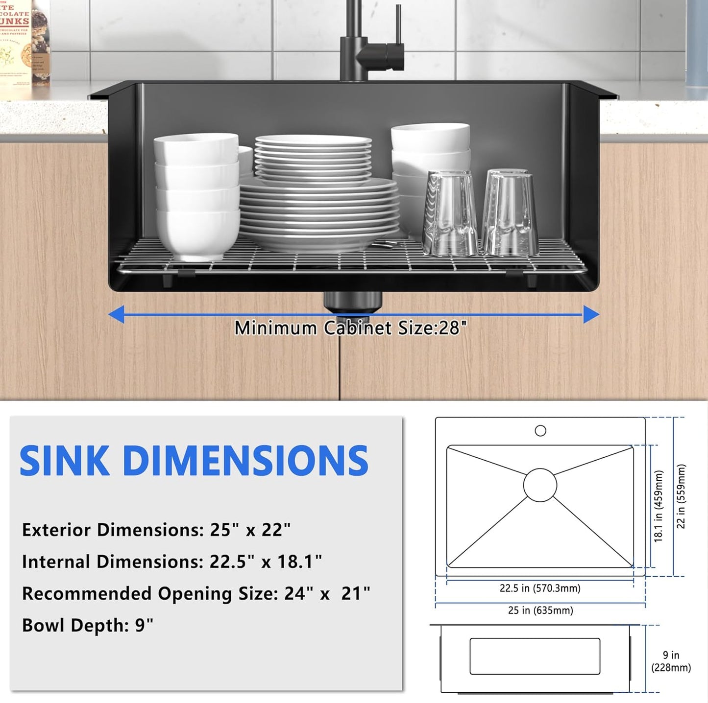 25x22 Inch Black Drop In Kitchen Sink, 25 Inch Gunmetal Black Kitchen Sink Top Mount 18 Gauge Stainless Steel Single Bowl Deep KitchenSink With Grid Handmade KitchenSink Drop In