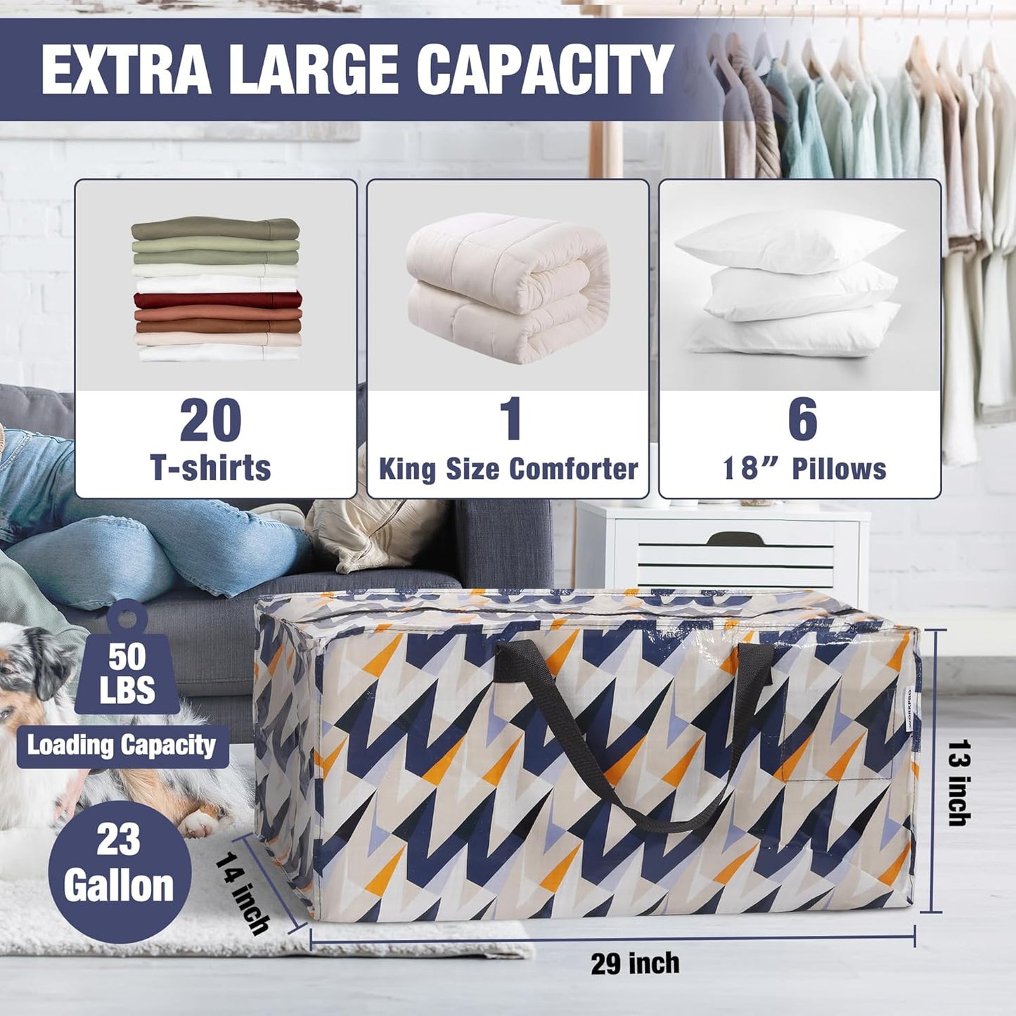 WORKPRO 6 Pack Extra Large Moving Bags with Zippers & Carrying Handles Backpack Straps, Heavy-Duty Storage Tote for Space Saving & Storage, Alternative to Moving Box (W - Alphabet Printing)