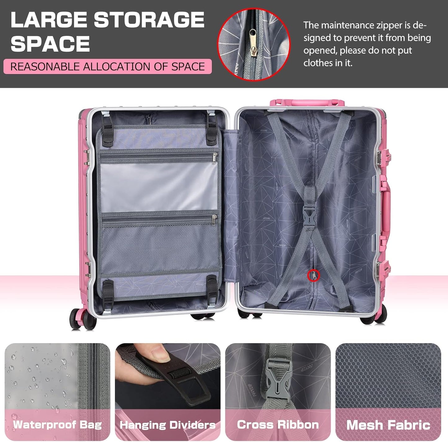 AnyZip Luggage Aluminium Frame Suitcase Hard Shell TSA Lock No Zipper 28In Rose Pink
