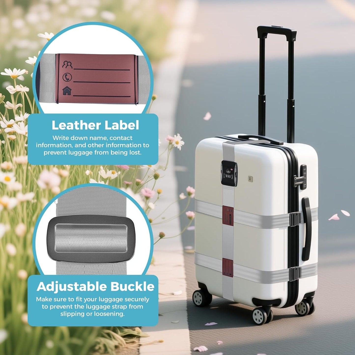 Luggage Straps with TSA Lock, Adjustable Heavy Duty Grey Luggage Straps for Suitcase with Reinforced Buckles, Cross Luggage Strap TSA Approved Combination Locks with Name Tags for Travel & Trip