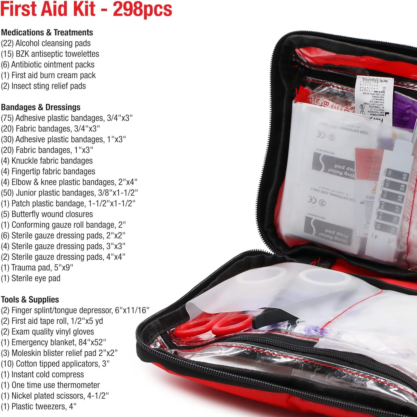 DMI 298-Piece Complete Emergency First Aid Kit, Treats Pain, Swelling, Cuts, Scrapes & Burns, Complete First Aid Guide Included, Clear Pocket Organization, Durable Zippered Travel Bag
