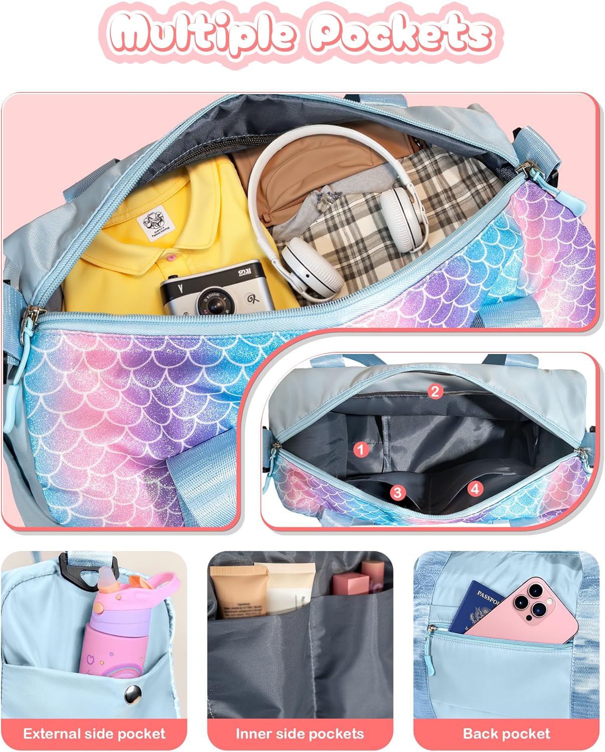 Gifts for 4 5 6 7 8 9 10 Year Old Girls-Girl Gym Bag with Shoe Compartment, Kid Personalized Weekender Overnight Bags, Initial Travel Tote with Makeup Pouch, Gift for Daughter (Letter G)