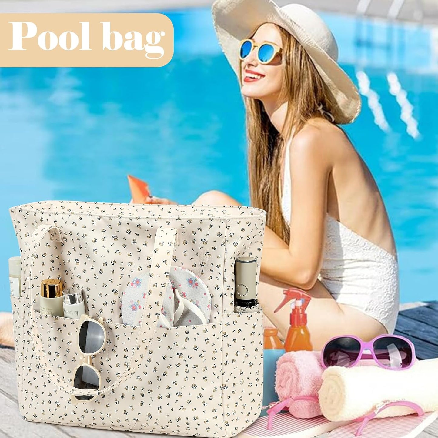 LEDAOU Beach Bag Waterproof Sandproof Women Tote Bag Pool Bag with Zipper for Gym Grocery Travel with Wet Pocket