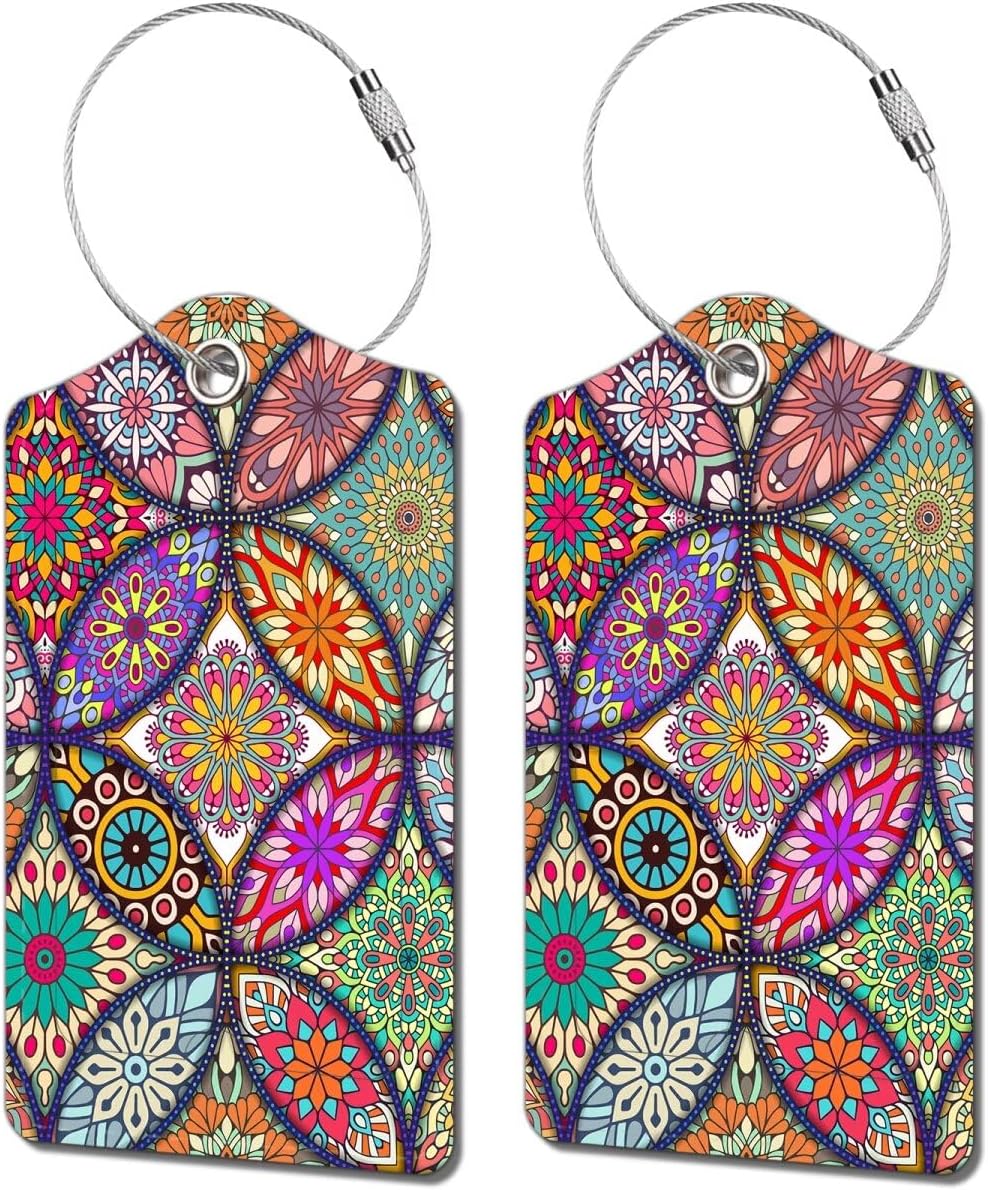 2 Pack Luggage Tag for Suitcase, Cute Unique Leather Bag Tags Identifiers Privacy Cover ID Label with Durable Steel Loop for Women Men Kids Girls Travel, Bohemia