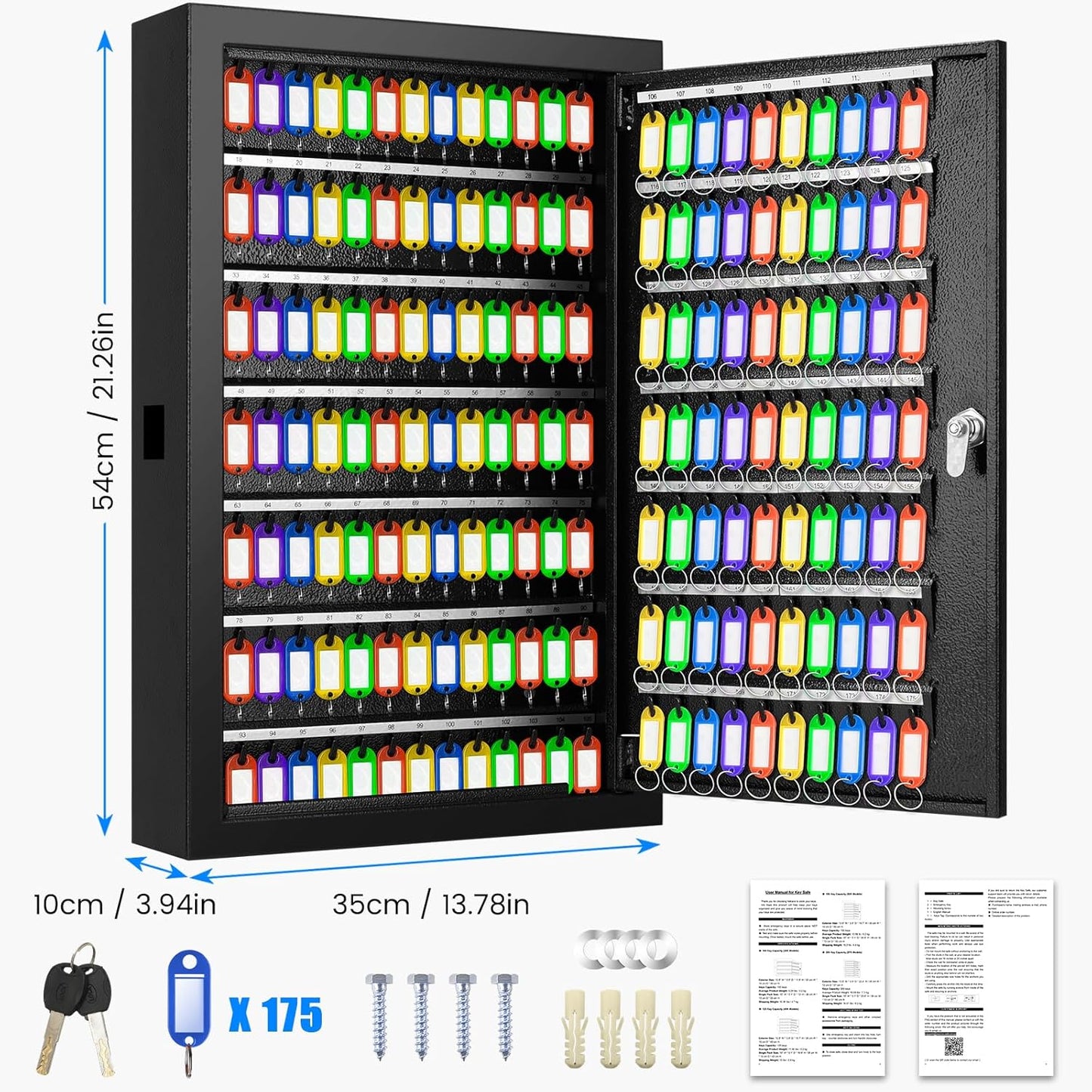 175 Keys Key Lock Box, Anti-Theft Key Cabinet with Key Tags, Key Organizer Wall Mount for Car Garage House Rental Office Business