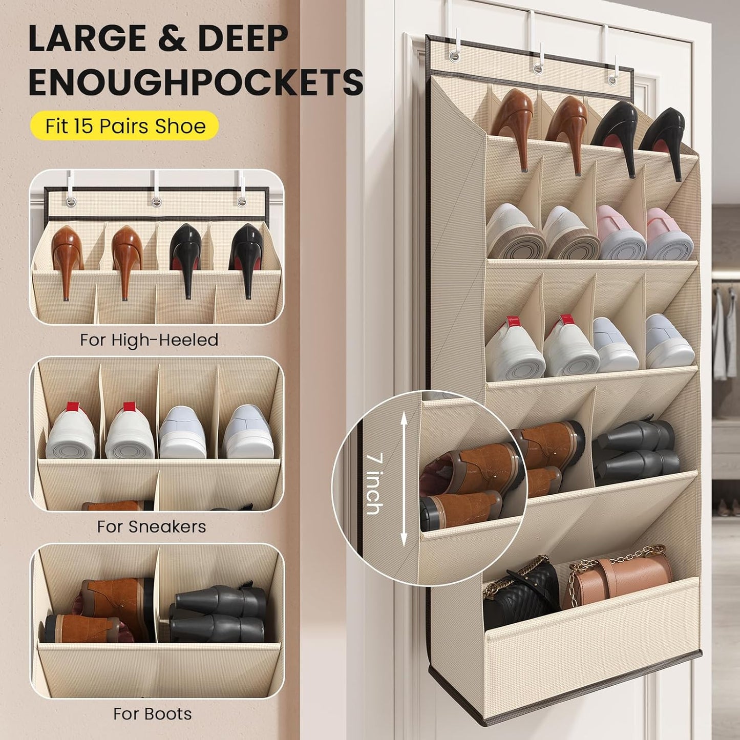 Over the Door Shoe Organizer for Closet, Shoes Rack for Closet with 15 Large Pockets, Hanging Shoe Organizers for Boot Storage, Behind the Door Narrow Shoe Holder for Small Shoes, Beige