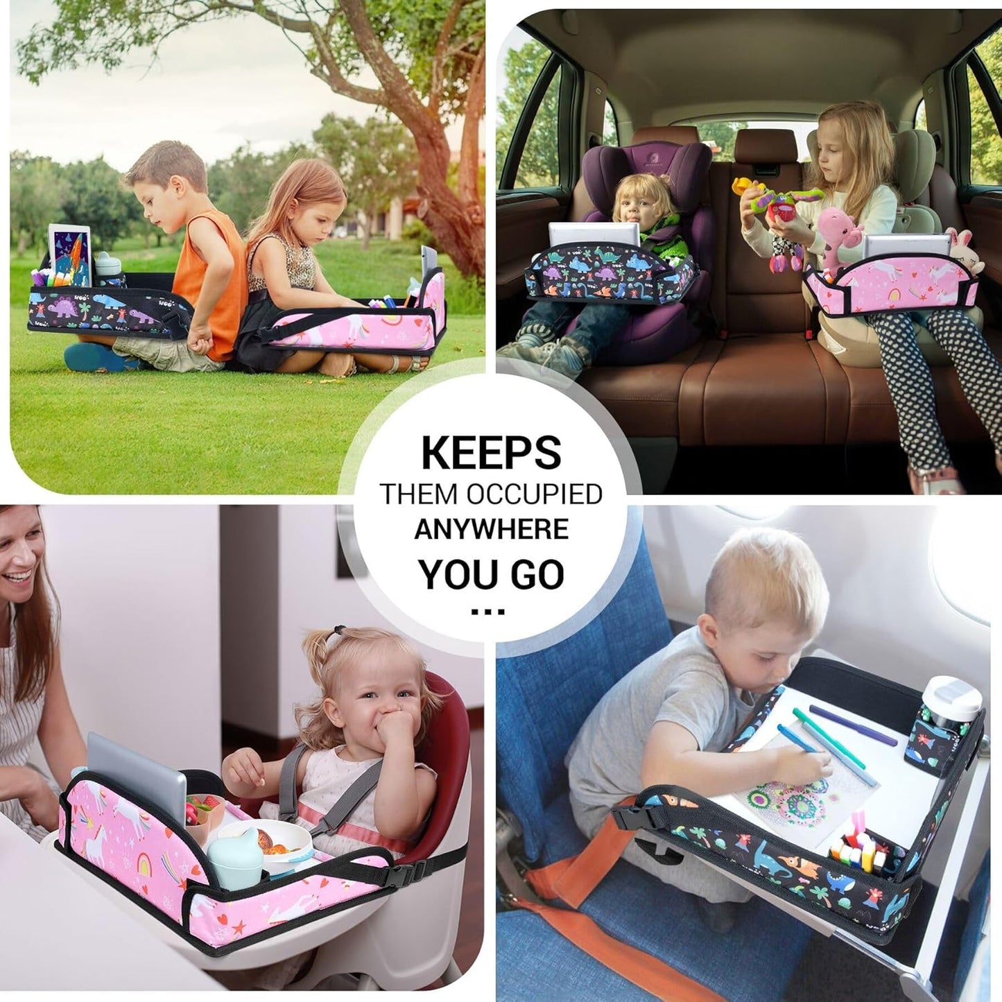 COOLBEBE Kids Travel Tray for Toddler Car Seat, 2PCS Travel Tray for Airplane, Toddler Car Seat Lap Tray, Carseat Table Tray for Kids Travel Activities(Dinosaur & Pink Unicorn)