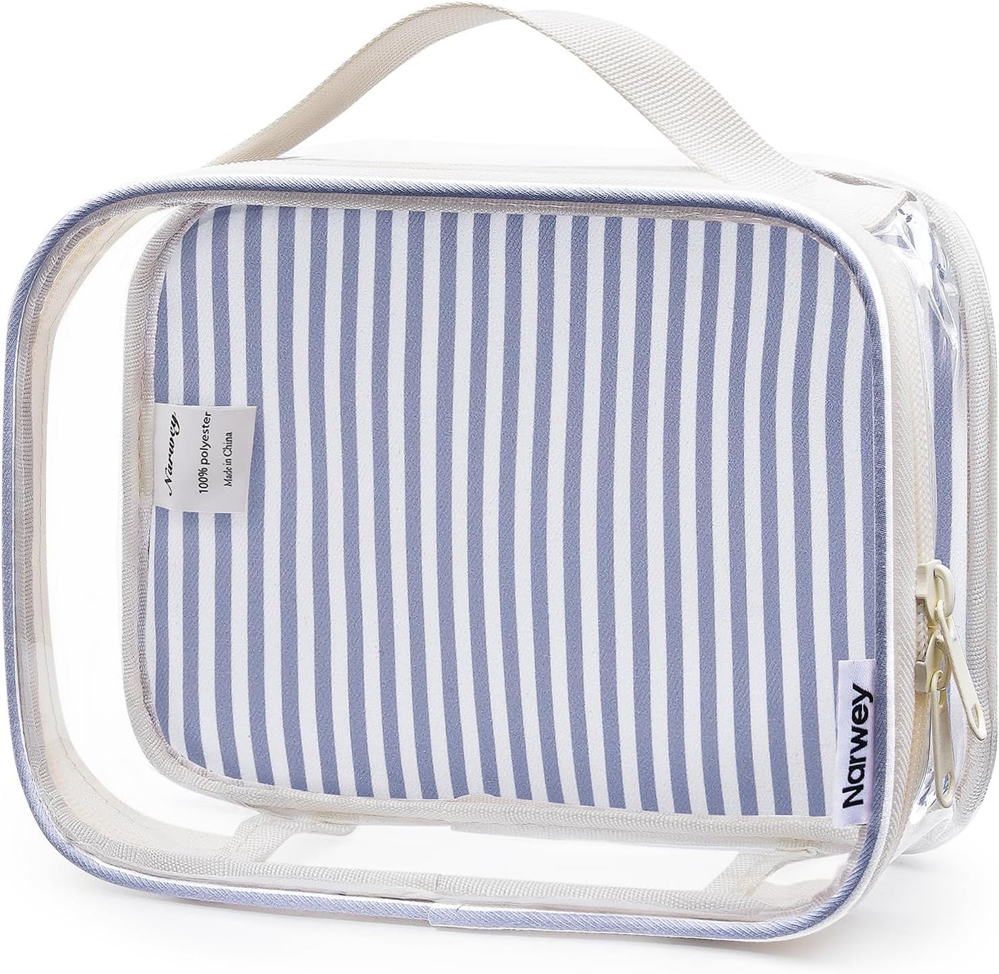 Narwey TSA Approved Clear Toiletry Bag for Travel, Waterproof PVC Clear Makeup Bags, Portable Compact Cosmetic Bag Make Up Organizer, Airport Airline Quart Size Compliant Bag (Greyish Blue Stripe)