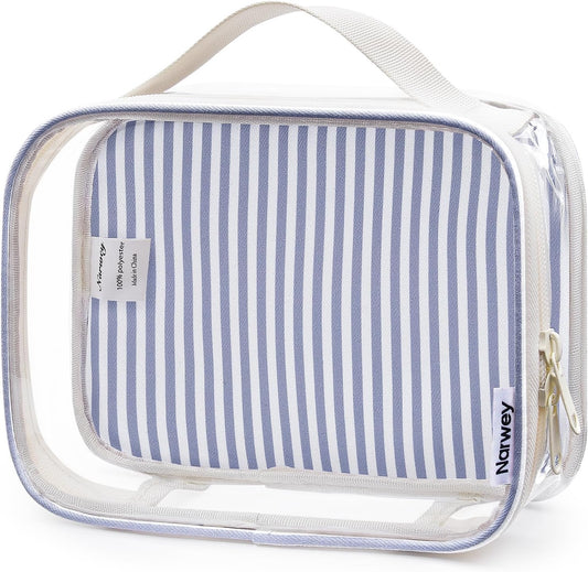 Narwey TSA Approved Clear Toiletry Bag for Travel, Waterproof PVC Clear Makeup Bags, Portable Compact Cosmetic Bag Make Up Organizer, Airport Airline Quart Size Compliant Bag (Greyish Blue Stripe)