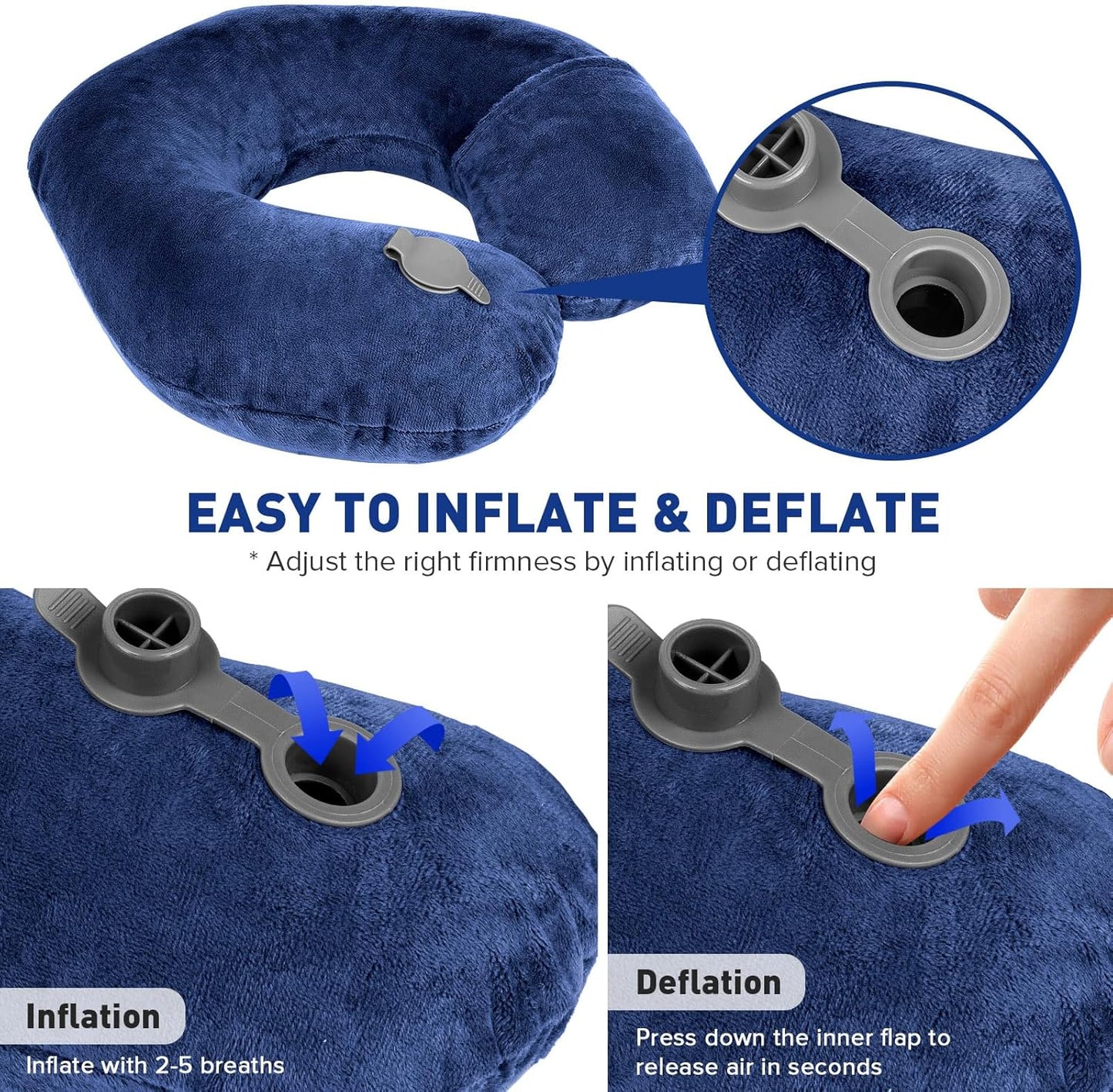 Rewondah Neck Pillows for Travel, Inflatable Travel Pillow, Inflatable Neck Pillow for Traveling Airplane with Soft Velour Washable Cover, Blow Up Neck Pillow for Airplanes Train Travel, Blue