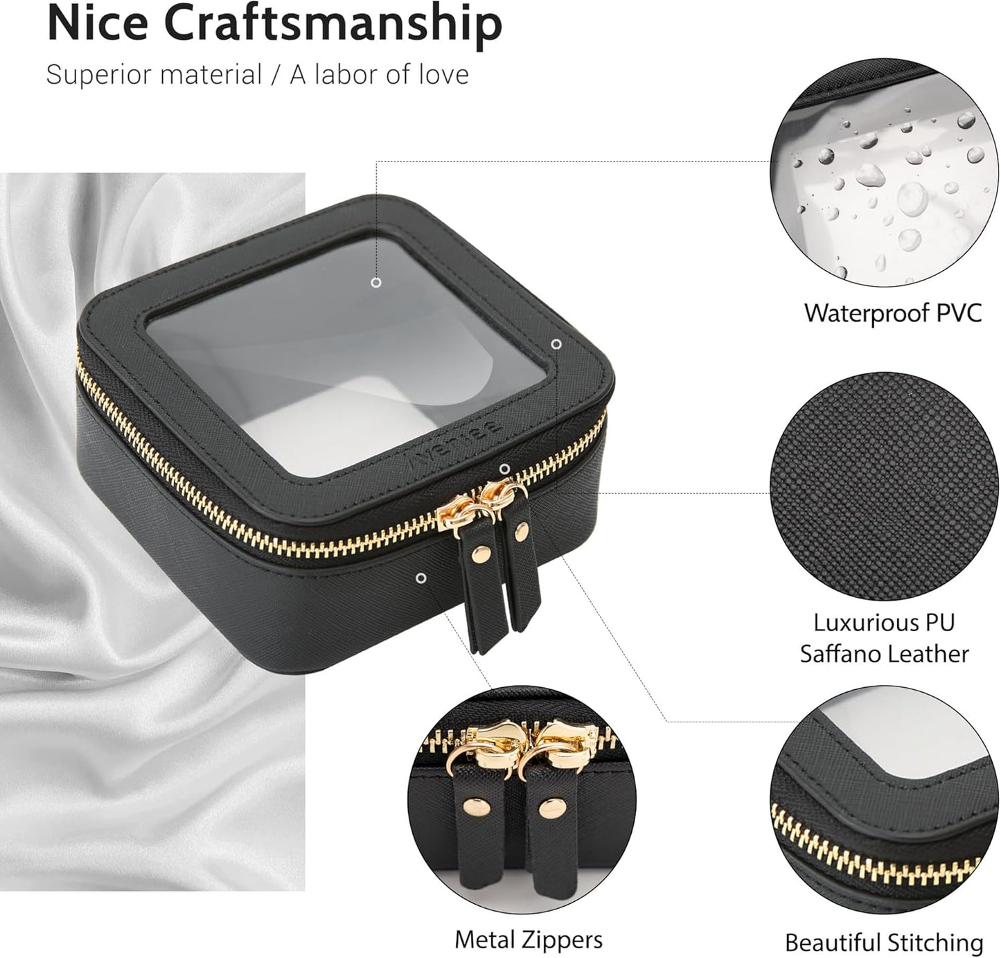 Aveniee Mini Clear Makeup Bag, Small Cosmetic Bags Travel Toiletry Pouch Organizer, TSA Approved Make up Case with Zipper, Car Bag for Essentials,Black