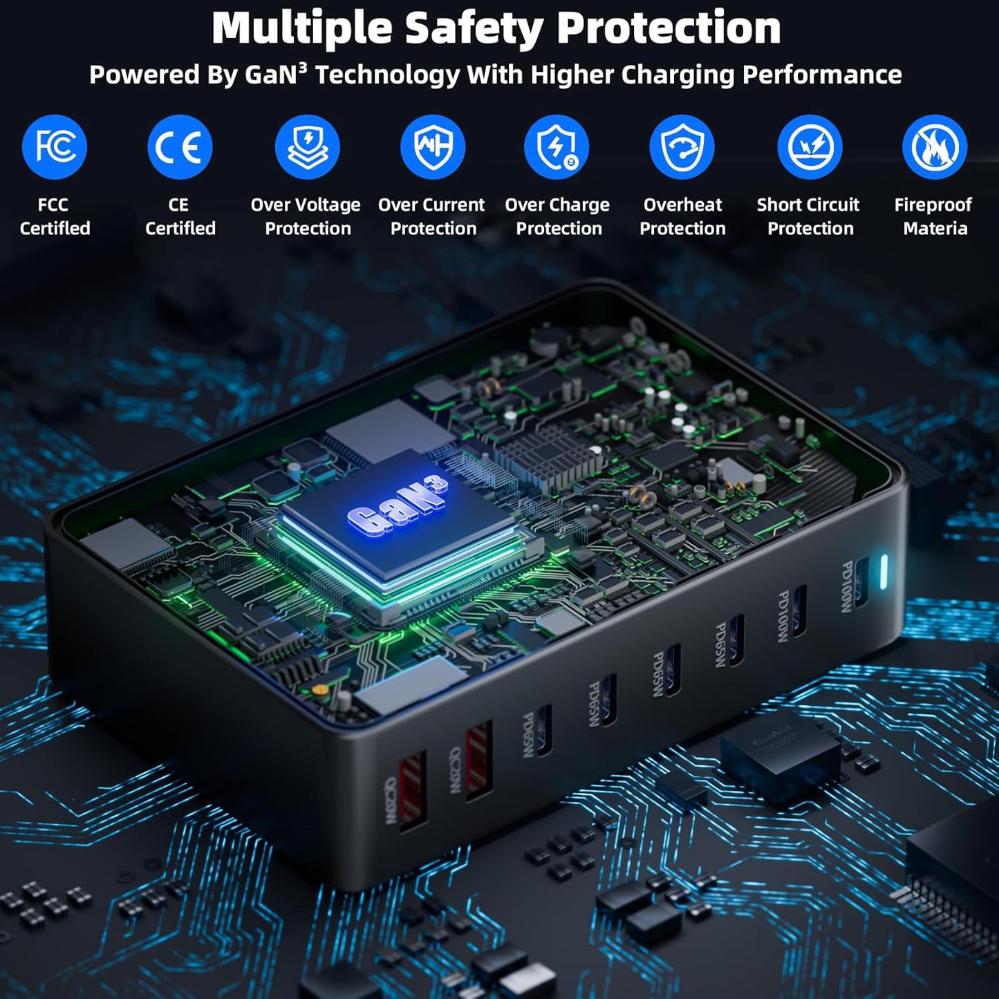 500W Fast Charging 8 Port USB C Charger Block with Nylon Fast Charging Cable, Multi-Device Charging Station Wall Desktop Charger with GaN Ⅲ Technology, USB-C Charger Adapter for MacBook/iPad/iPhone 16