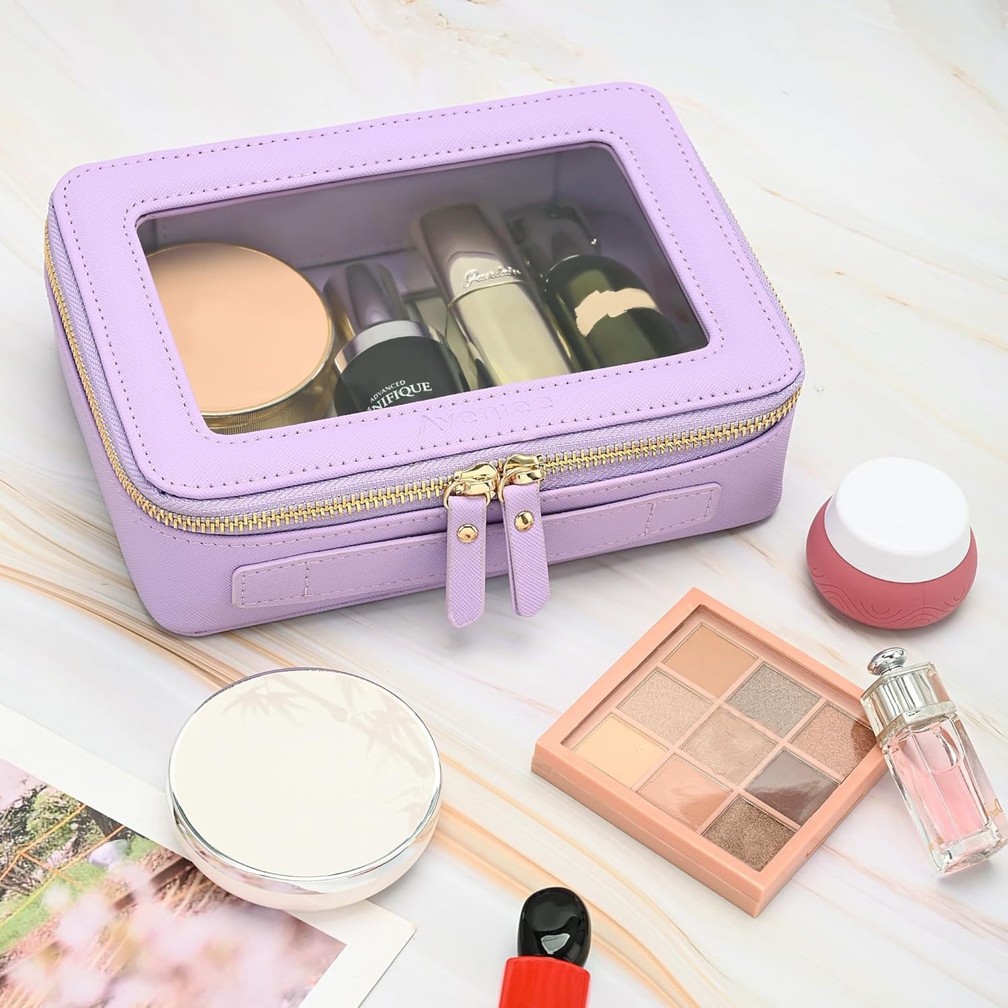 Aveniee Clear Makeup Bag Organizer, Travel Toiletry Bag Cosmetic Case for Women, Portable Make Up Skincare Pouch Car Organizer Bag with Zippers for Essentials,Lilac
