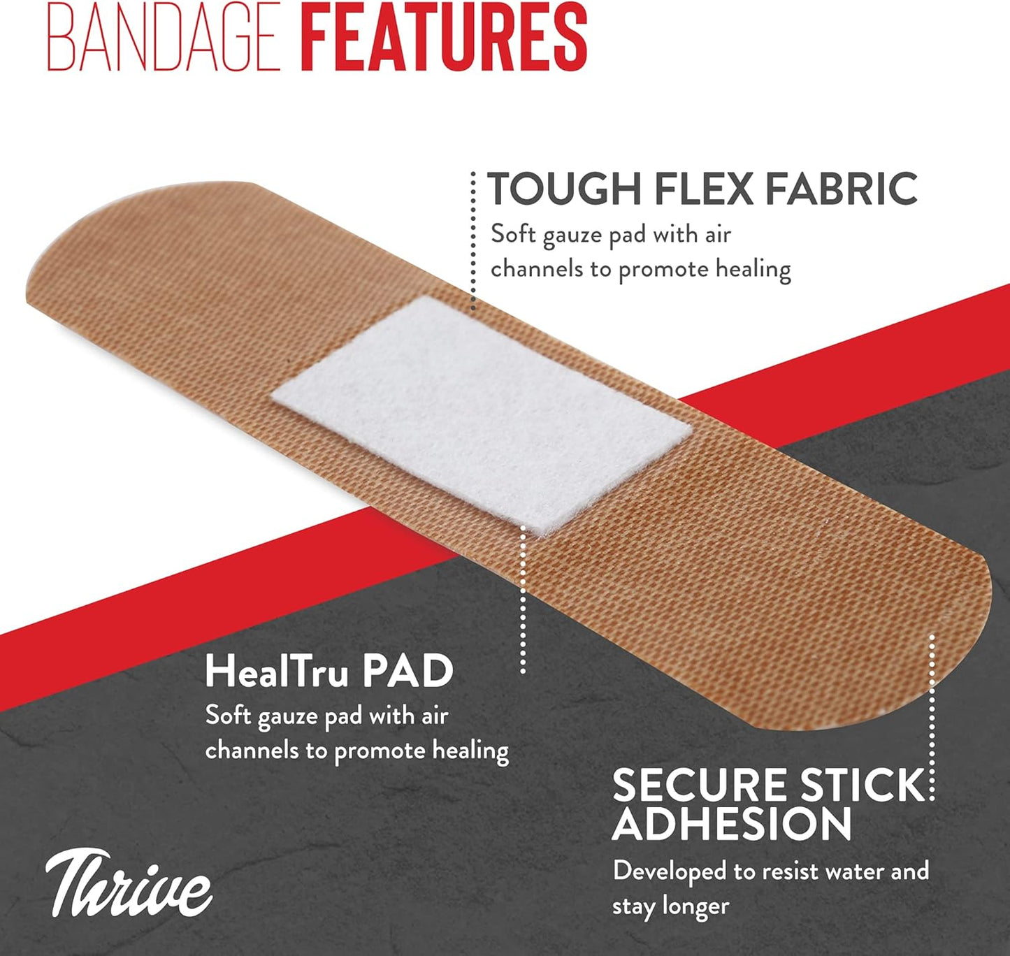 Thrive Bulk Bandages Variety Pack - 305 Count, Red - Travel Fabric & Waterproof Adhesive Bandages & Band Aids with Zipper Pouch