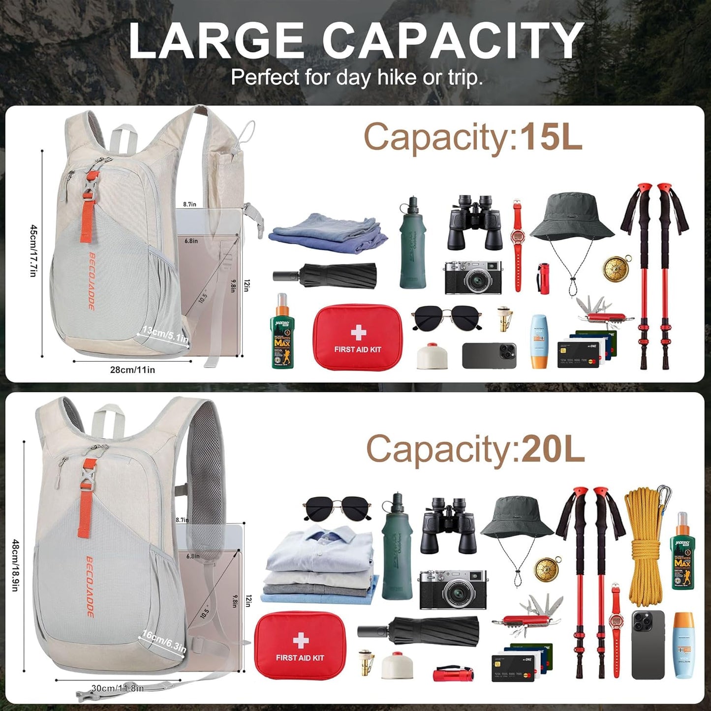 20L Small Hiking Backpack for Men Women Foldable Packable Back Pack Ultralight Hiking Daypack for Travel Camping Outdoor, Beige