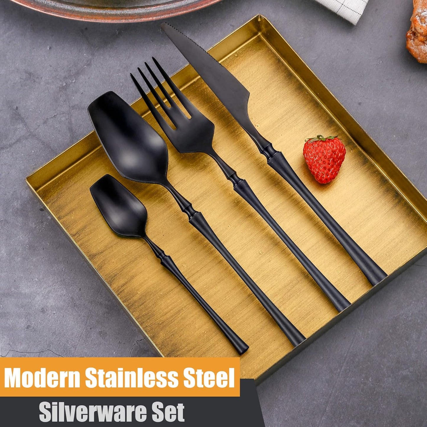24-Piece Black Silverware Set for 6,Modern 18/10 Stainless Steel Flatware Set,Unique Rustic Cutlery Utensils Set,Spoon and Fork Set for Home, Restaurant,Wedding,Mirror Polished,Dishwasher Safe