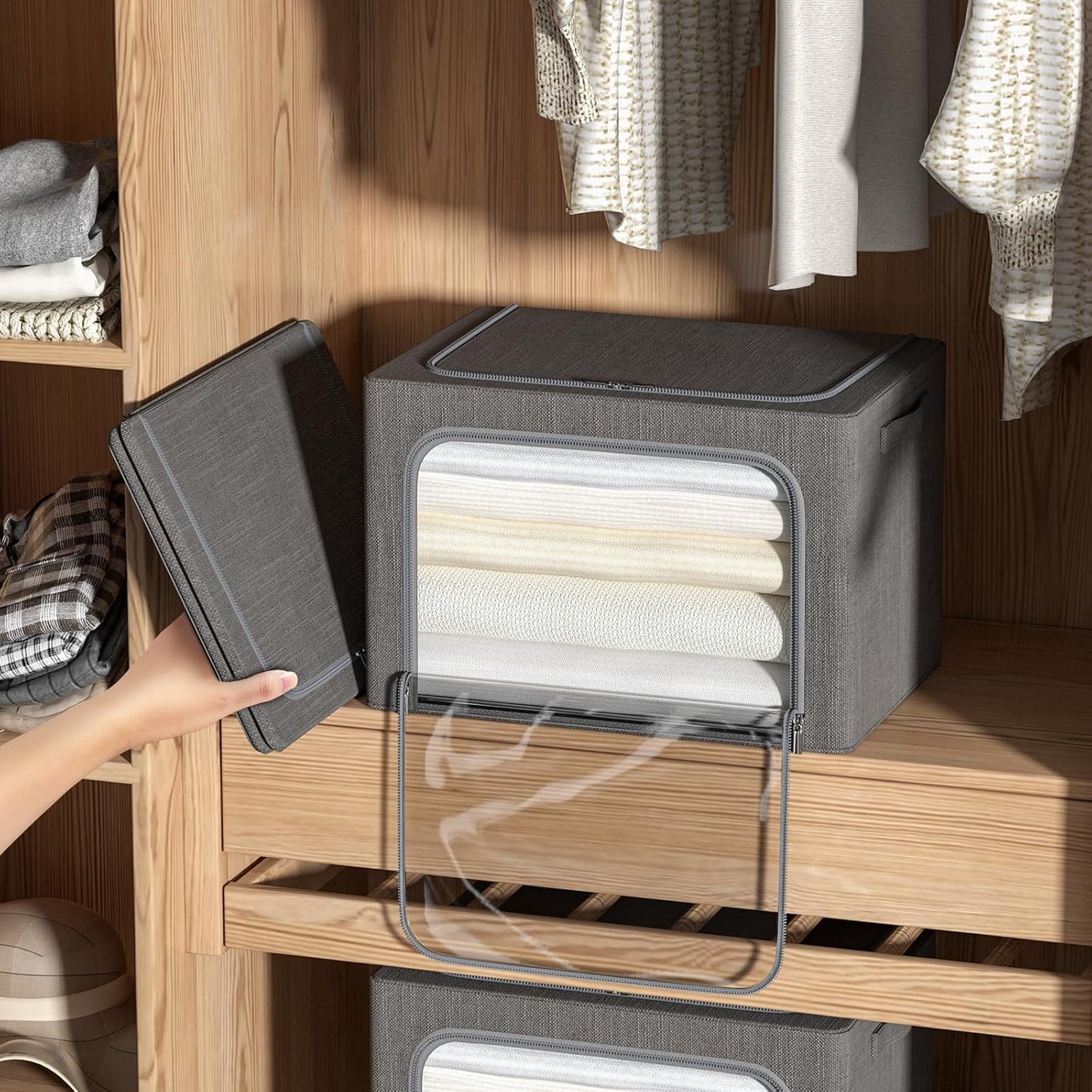 CYhom 4 Pack Clothes Storage Bins with Metal Frame - Linen Fabric Foldable Stackable Container Organizer Set with Clear Window & Carry Handles & Zippers (Dark Gray, 19.7"x15.7"x13")