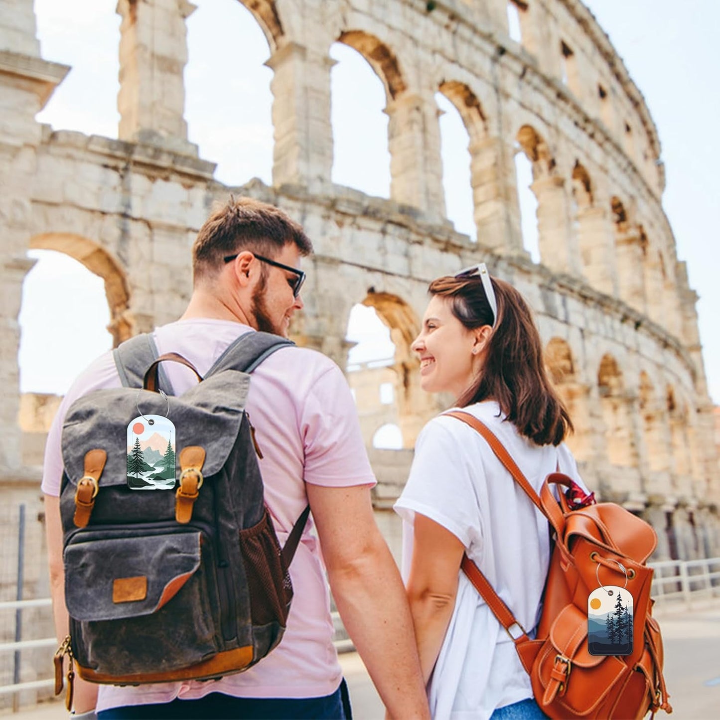 2 Pack Luggage Tag for Suitcase Sun Mountains Tree River Landscape Leather Suitcase Tags with Privacy Name ID Label and Stainless Steel Loop for Travel Bag