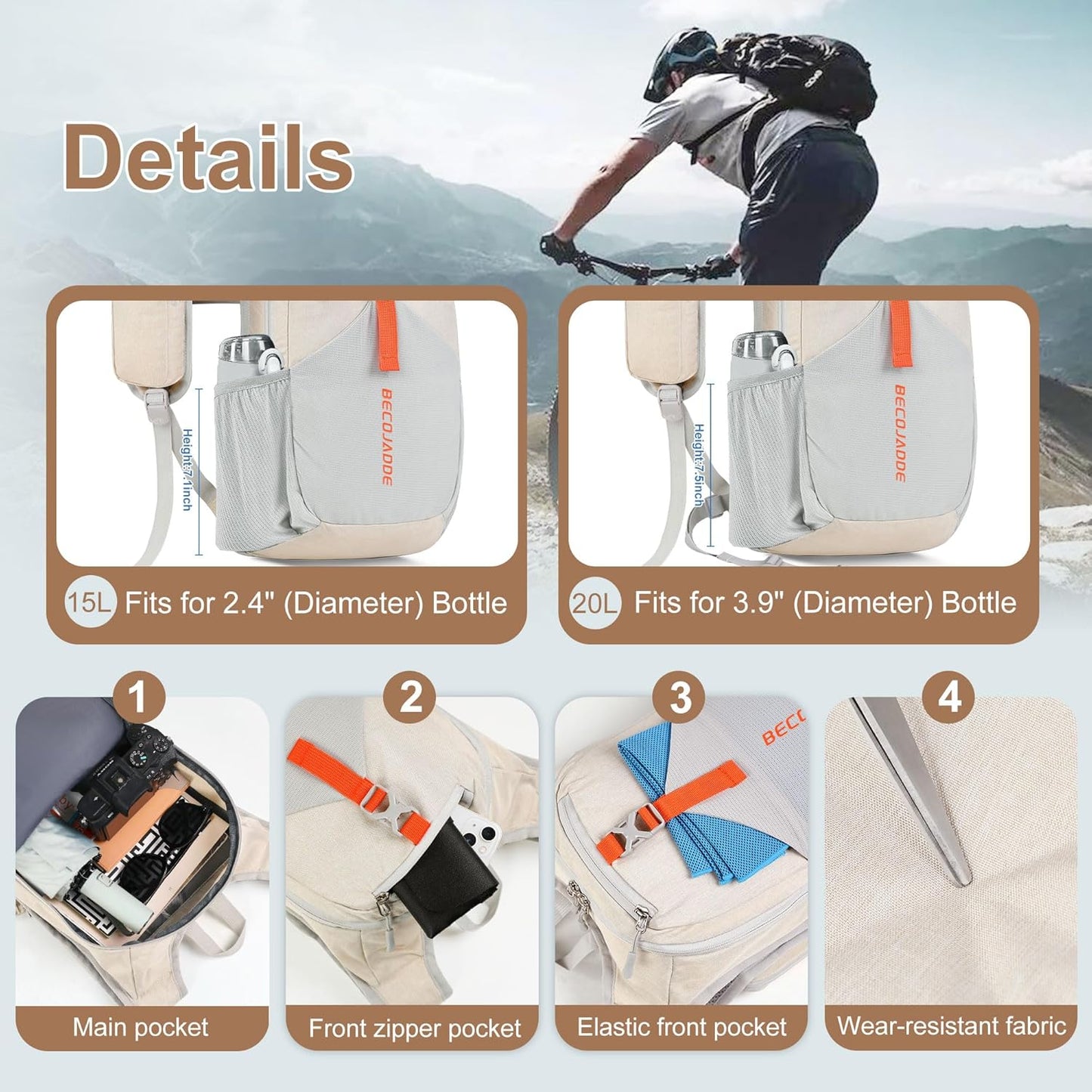 15L Small Hiking Backpack for Men Women Foldable Packable Back Pack Ultralight Hiking Daypack for Travel Camping Outdoor, Beige