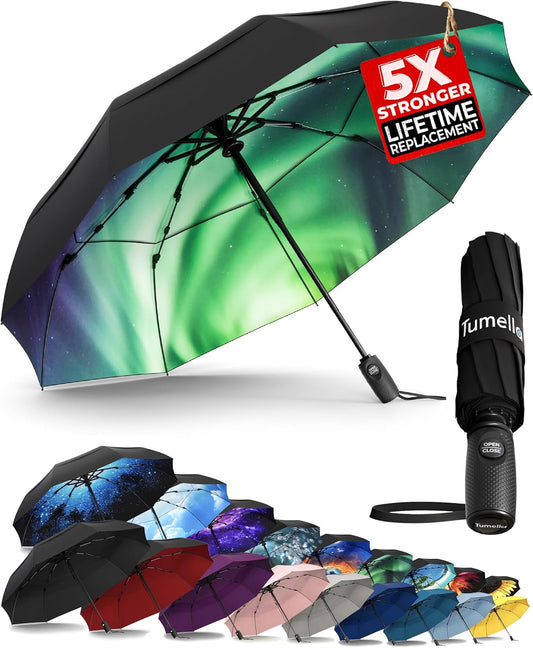 TUMELLA Strongest Windproof Travel Umbrella (Compact, Superior & Beautiful), Small Strong but Light Portable and Automatic Folding Rain Umbrella, Durable Premium Grip, Fits Car & Backpack