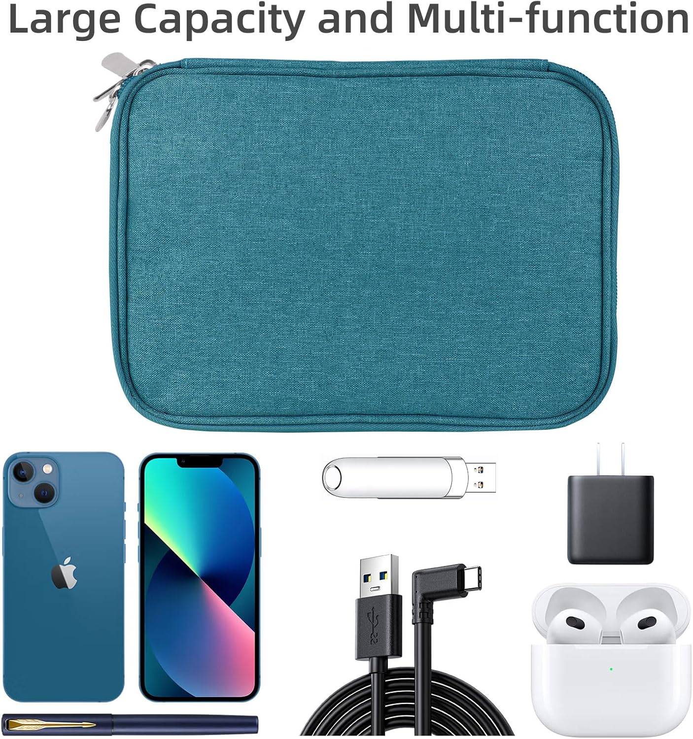 Electronics Organizer,Travel Cable Organizer Bag,Water Resistant Double Layers Pouch for Cable,Cord,iPhone,iPad Mini,Gift for Men Electronic Accessories Storage Case with 5 Cable Ties,Green