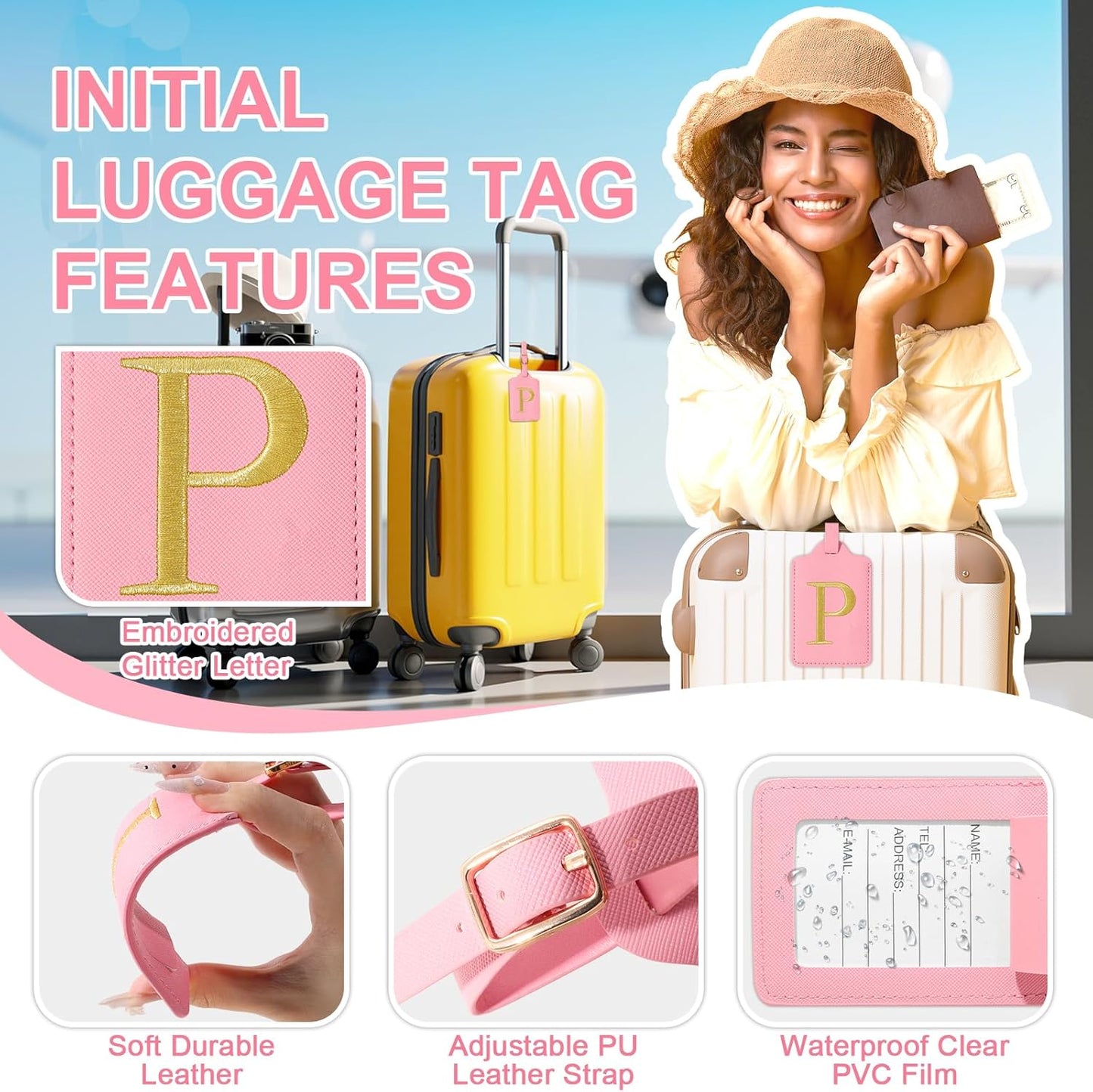 Personalized Initial Luggage Tags for Suitcase, Pink Leather Cute Luggage Tags with Privacy Cover Name Card, Embroidered Custom Monogrammed Luggage Tag Travel Bag Baggage Tags Gifts for Women Kids(P)