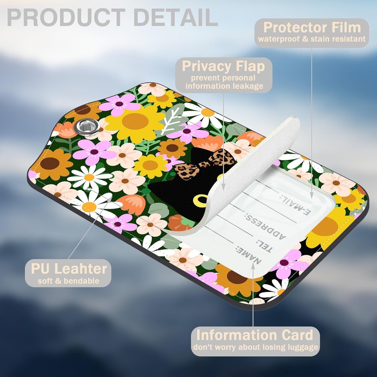 2 Pack Luggage Tags for Suitcases Cute Cat with Colorful Flowers Leather Luggage Tags Privacy Cover ID Label with Stainless Steel Loop and Address Card for Women Men Travel Bag Backpack