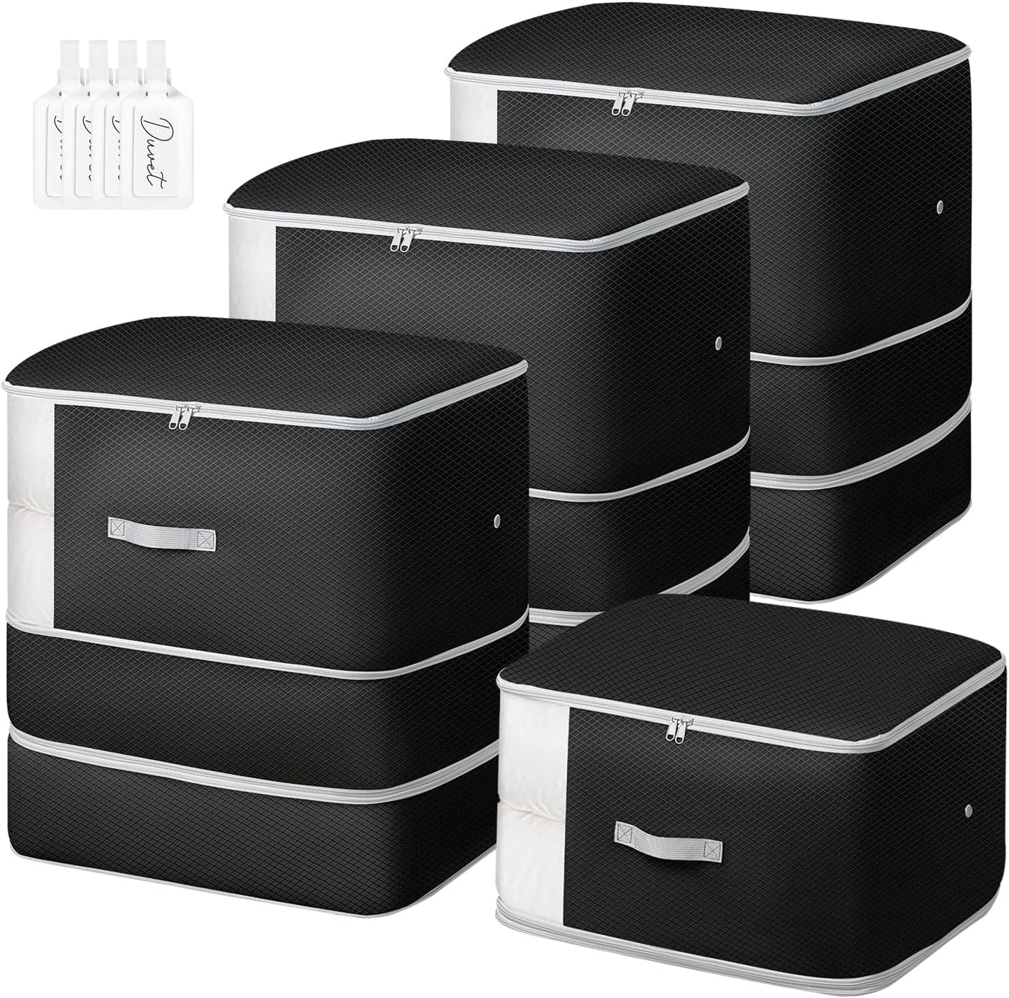 Comforter Storage Bag - 130L Large Capacity Blanket Storage Bags 3-Layer Ultra Space Saving Self Compression Organizer, Washable Compression Bags for Storage Comforter Blanket, 4-Pack, Black