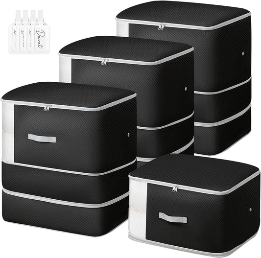 Comforter Storage Bag - 130L Large Capacity Blanket Storage Bags 3-Layer Ultra Space Saving Self Compression Organizer, Washable Compression Bags for Storage Comforter Blanket, 4-Pack, Black