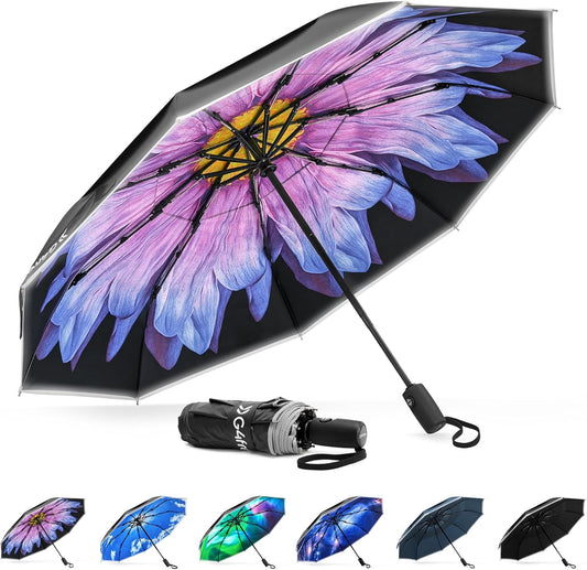 G4Free 42 Inch Eco Windproof Folding Umbrella for Rain & Sun 9 Ribs Wind Resistant Strong Fiberglass Double Canopy with Reflective Strip for Women Men Auto Open Close For Car & Backpack