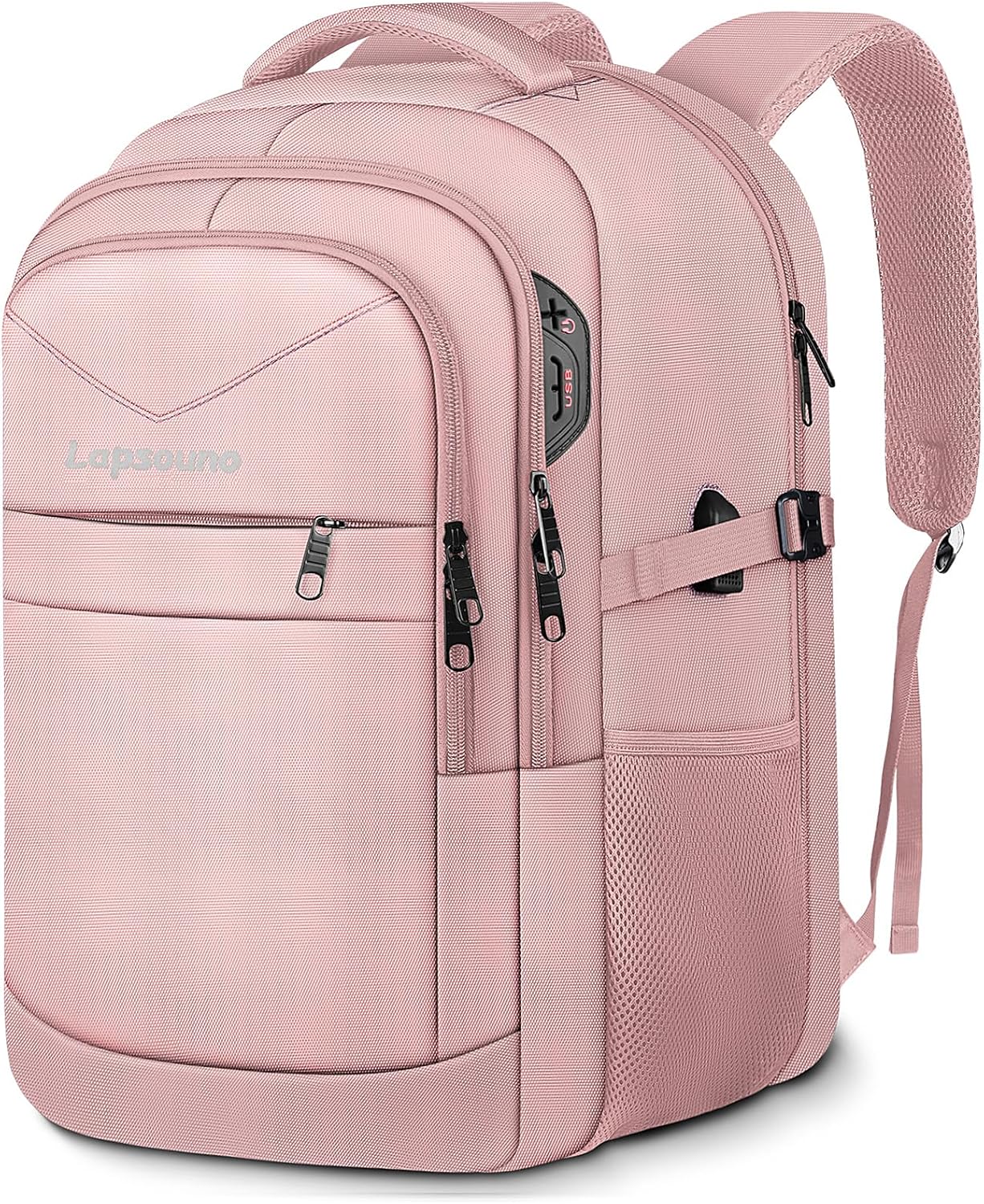 Lapsouno Large Backpack for Women, TSA 17.3 Inch Travel Laptop Backpack with USB Port, College School Business Backpack, Light Pink