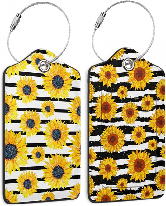2 Pack Luggage Tag for Suitcase,Sunflowers Striped Leather Suitcase Tags Identifiers with Privacy Name Address Labels and Durable Steel Loop for Women Men Travel