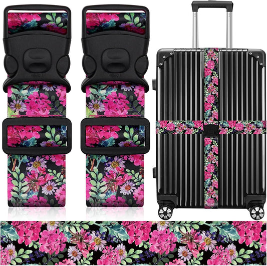 2 Pack Luggage Straps for Suitcases, Adjustable Travel Belt with Double Lock and Quick Release Buckle, Heavy Duty Nylon Bag Packing Strap, Bright Identifiers Business Travel Accessories-Pink Flowers