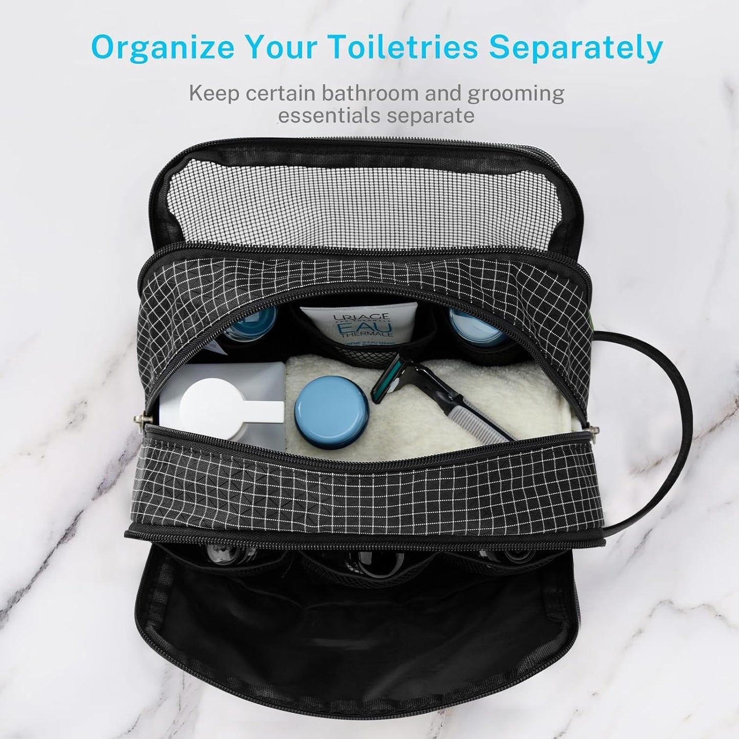 Gonex Travel Toiletry Bag Nylon, Dopp Kit Shaving Bag Toiletry Organizer Check Patten (Black)