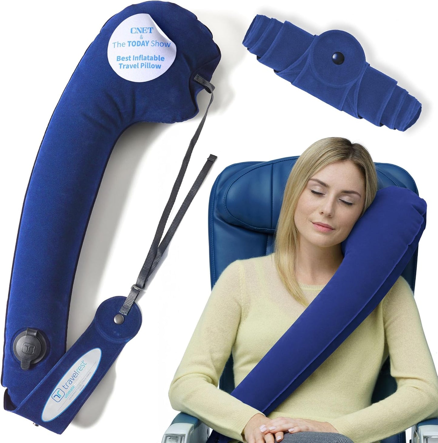 TRAVELREST Ultimate Inflatable Travel Neck & Body Pillow - Travel Essentials, Comfort and Upper Body Support, Airplane Neck Pillow for Long Flight, Straps to Airplane Seat & Car, for All Ages - Blue