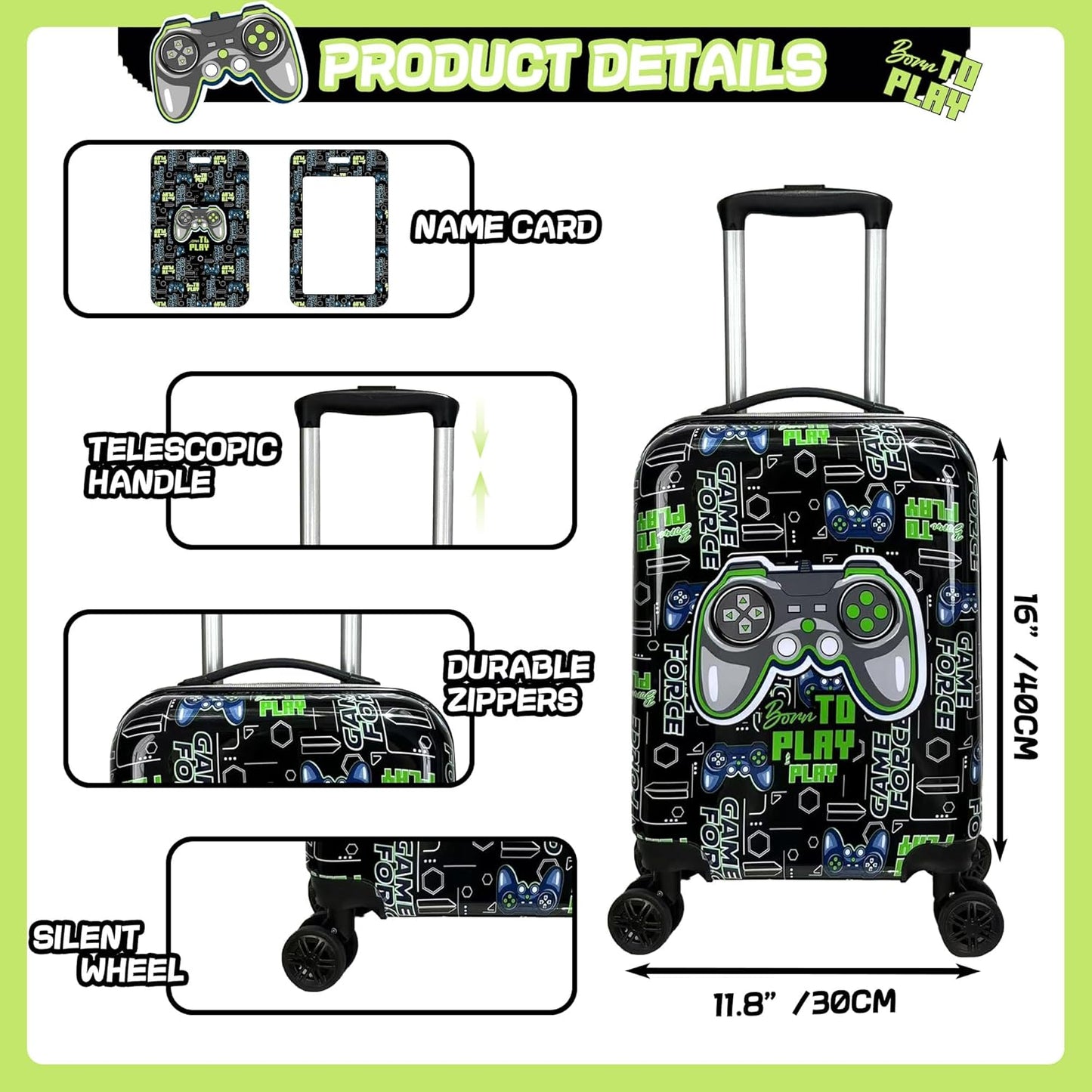 Kid’s Luggage Set 5 Piece Suitcase Set 16’’ Hardside Luggage with Spinner Wheels Girls Boys Carry on Luggage Travel Rolling Luggage Airline Approved