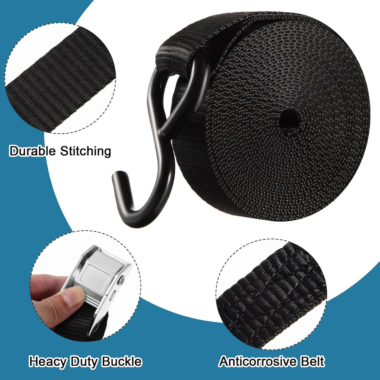 16 Pcs Cambuckle Tie Down Straps 1763lbs Break Strength Securing Straps 1'' x 15 ft Cambuckle Tie Downs with S Hook for Motorcycle, Kayak, Car, Truck, Boat Moving, Securing Cargo(Black)