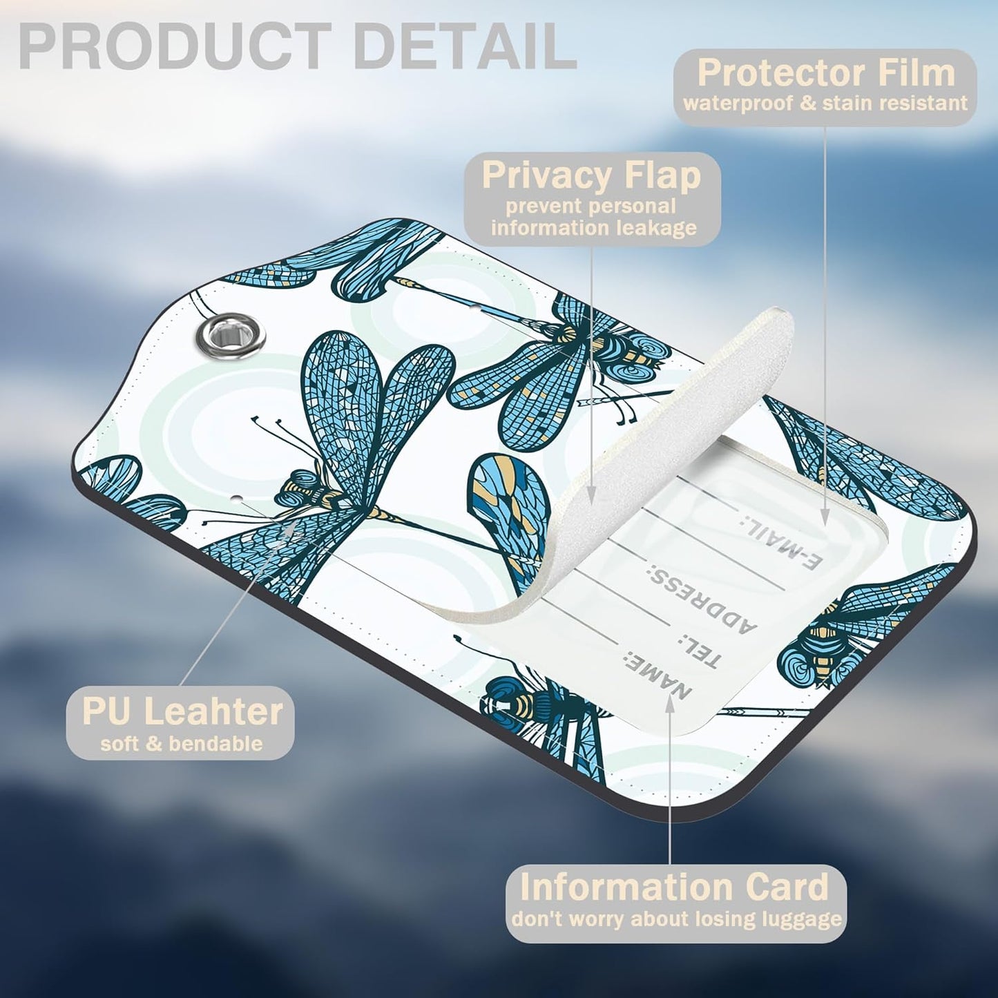 2 Pack Luggage Tags for Suitcases Vintage Blue Dragonflies Leather Luggage Tags Privacy Cover ID Label with Stainless Steel Loop and Address Card for Women Men Travel Bag Backpack