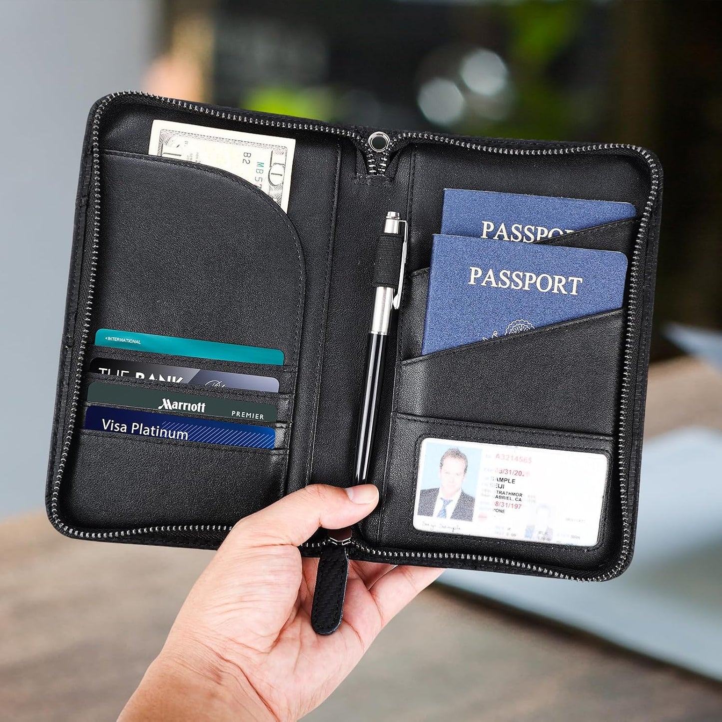 Polare Full Grain Leather Passport Holder With YKK Zipper RFID Blocking Travel Document Organizer Ticket Holder Cover Case Holds 2 Passports (Carbon Black)