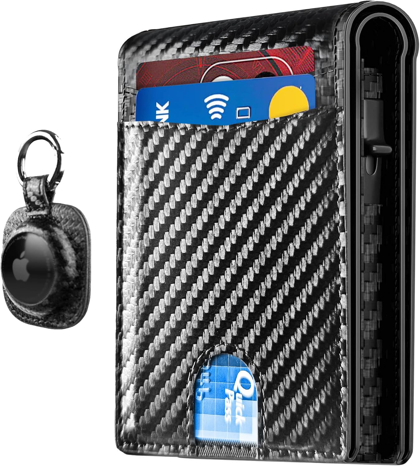 2025 Upgraded Minimalist Wallet for Men - RFID Blocking Credit Card Holder Case Leather Pop Up Aluminum Wallet with Cash Slot, Front Pocket ID Window Gift Boxed (Carbon Fiber - with Airtag Holder)