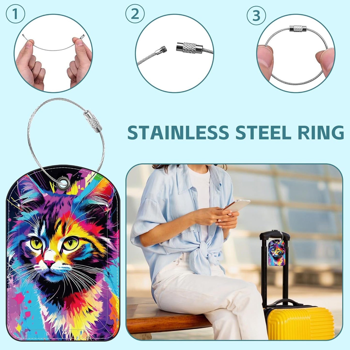 2 Pack Cute Luggage Tag for Suitcases Colorful Cat Leather Luggage Tags with Stainless Steel Loop Privacy Flap Name Tags,Men and Women Travel Bag Suitcase Tags