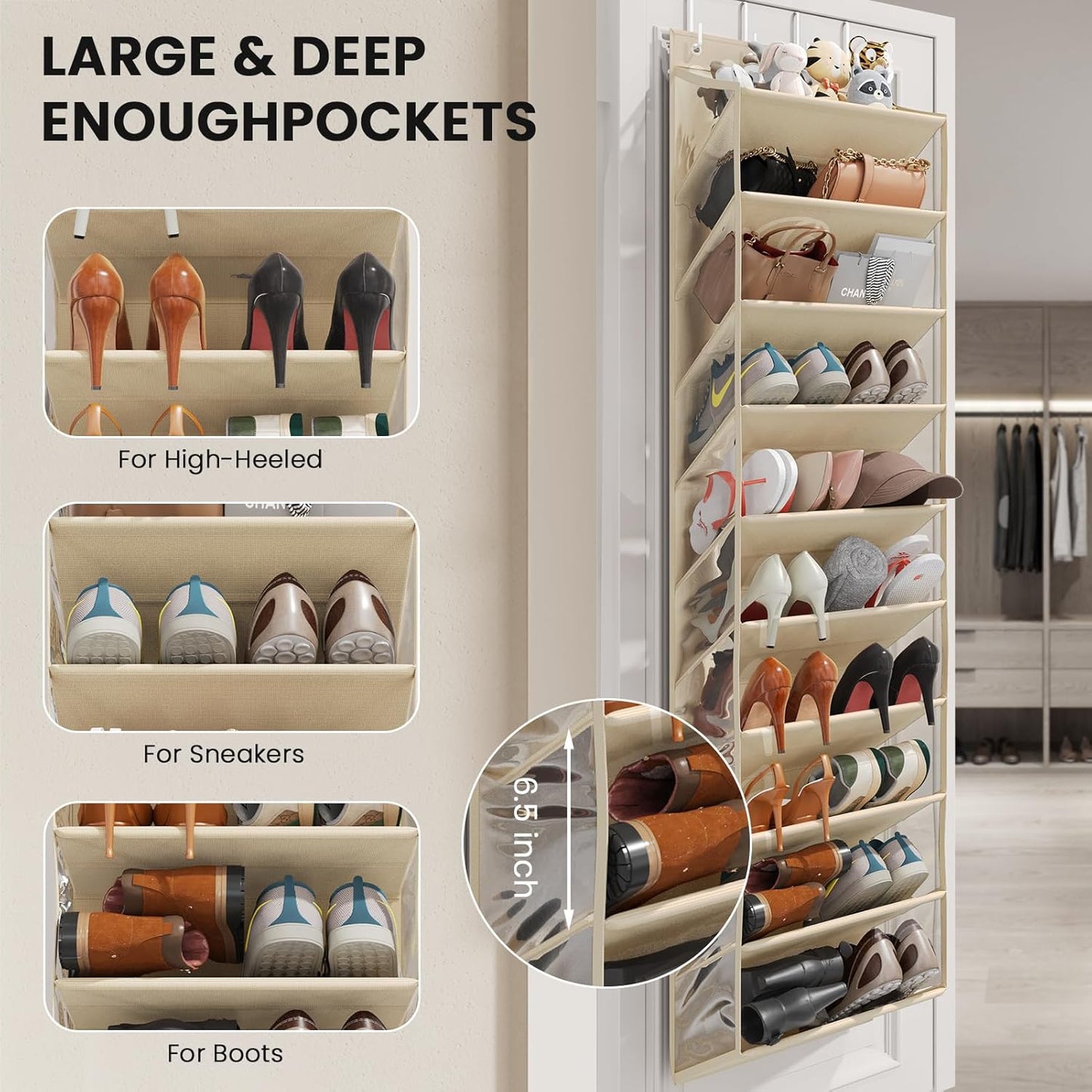 Over the Door Shoe Organizer for Closet, Shoes Rack with 10 Tier PVC Window Deep Pockets, Hanging Shoe Organizers for Boot Storage, Behind the Door Narrow Shoe Holder for Small Shoes, Beige