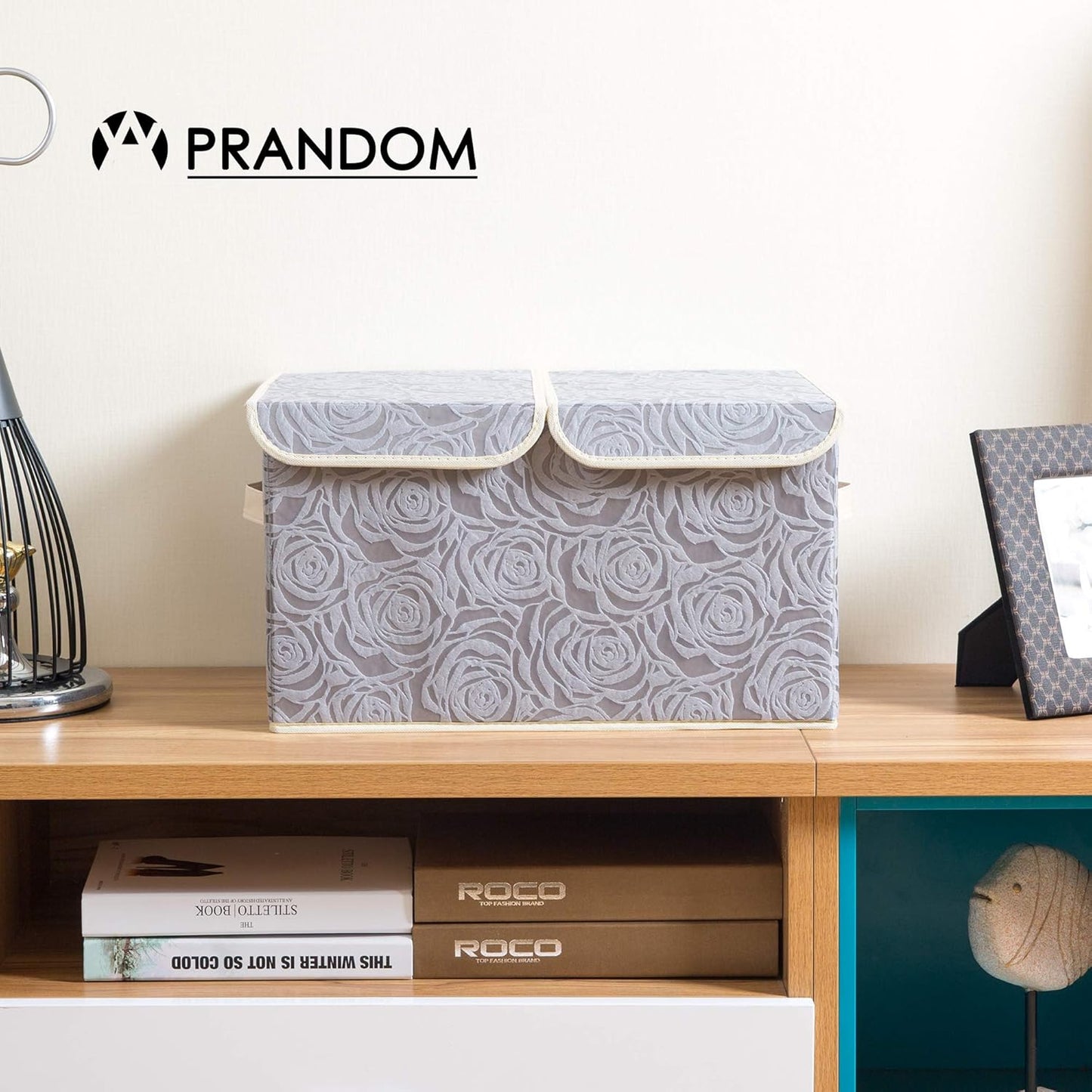 PRANDOM Large Foldable Storage Bins with Lids Fabric Decorative Storage Box Cubes Organizer Containers Baskets with Cover Handles Removable Divider for Home Bedroom Closet 17.3x11.8x9.8 Inch 3 Pack