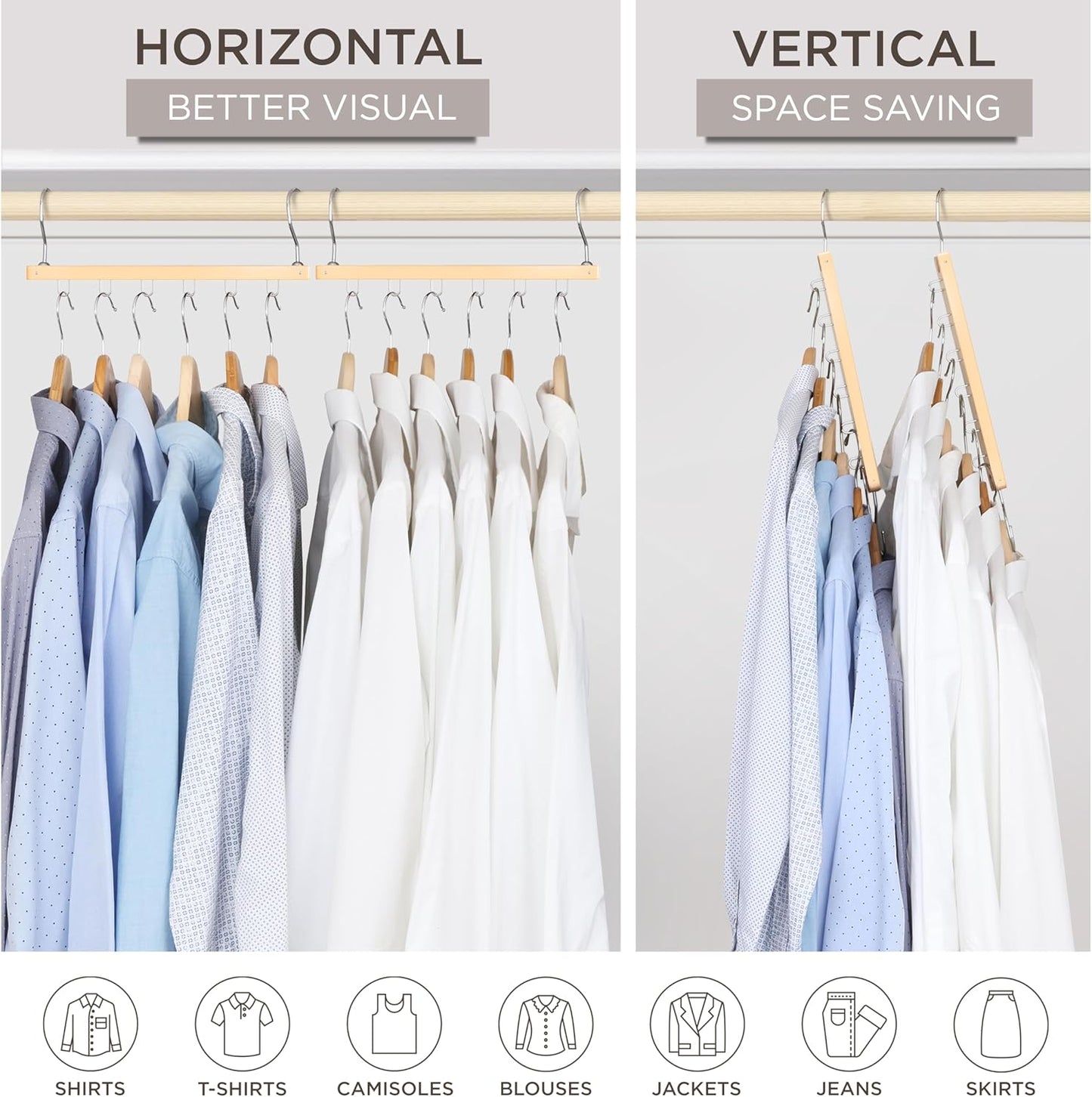MORALVE Space Saving Hangers for Closet – 4 Pack European Beechwood 6-Tier Shirt Organizer with 360° Swivel Hook – Collapsible Clothes Hanger for Closet Organization (Hangers Not Included)