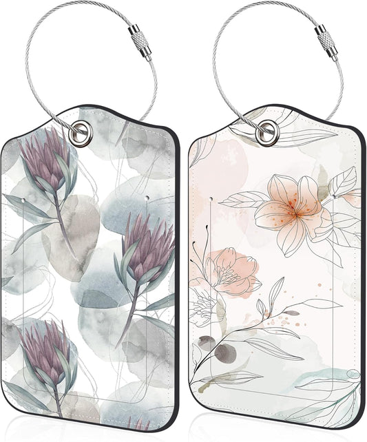 Luggage Tags for Suitcase Ink Flower 2 PCS Leather Travel Luggage Tag with Stainless Steel Loop Name ID Label Privacy Cover for Women Men Travel