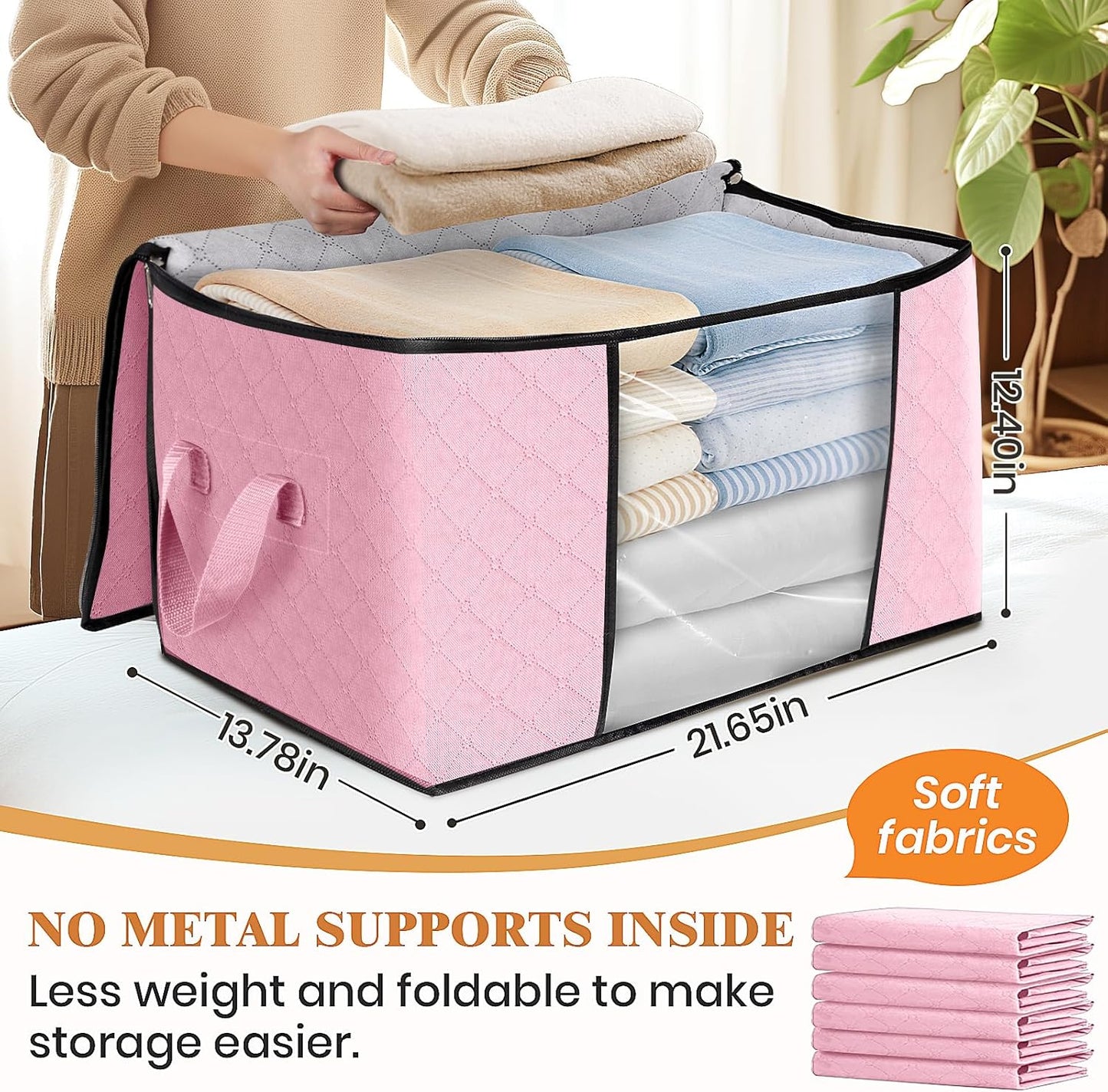 Fab totes 6 Pack Clothes Storage, Foldable Thick Fabric Blanket Storage Bags, Containers for Organizing Bedroom, Closet, Clothing, Comforter, Organization with Handle,Pink